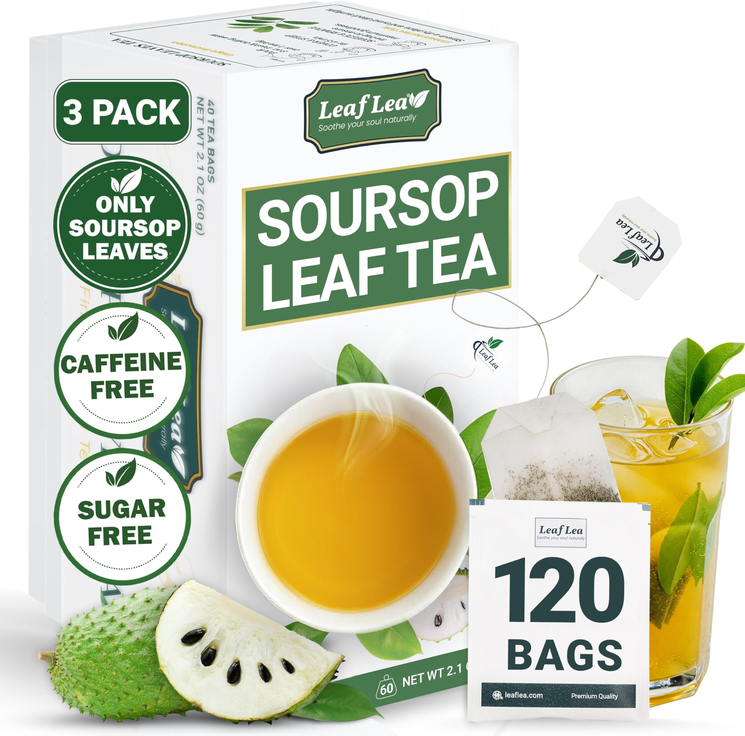 - LeafLea 120 Soursop Tea Bags, from 100% Natural Pure Soursop Graviola Leaves, Improve Digestion, Support Healthy Skin & Sleep, Herbal Tea Caffeine-free, Hojas De Guanabana Tea, Non-GMO, Pack of 3