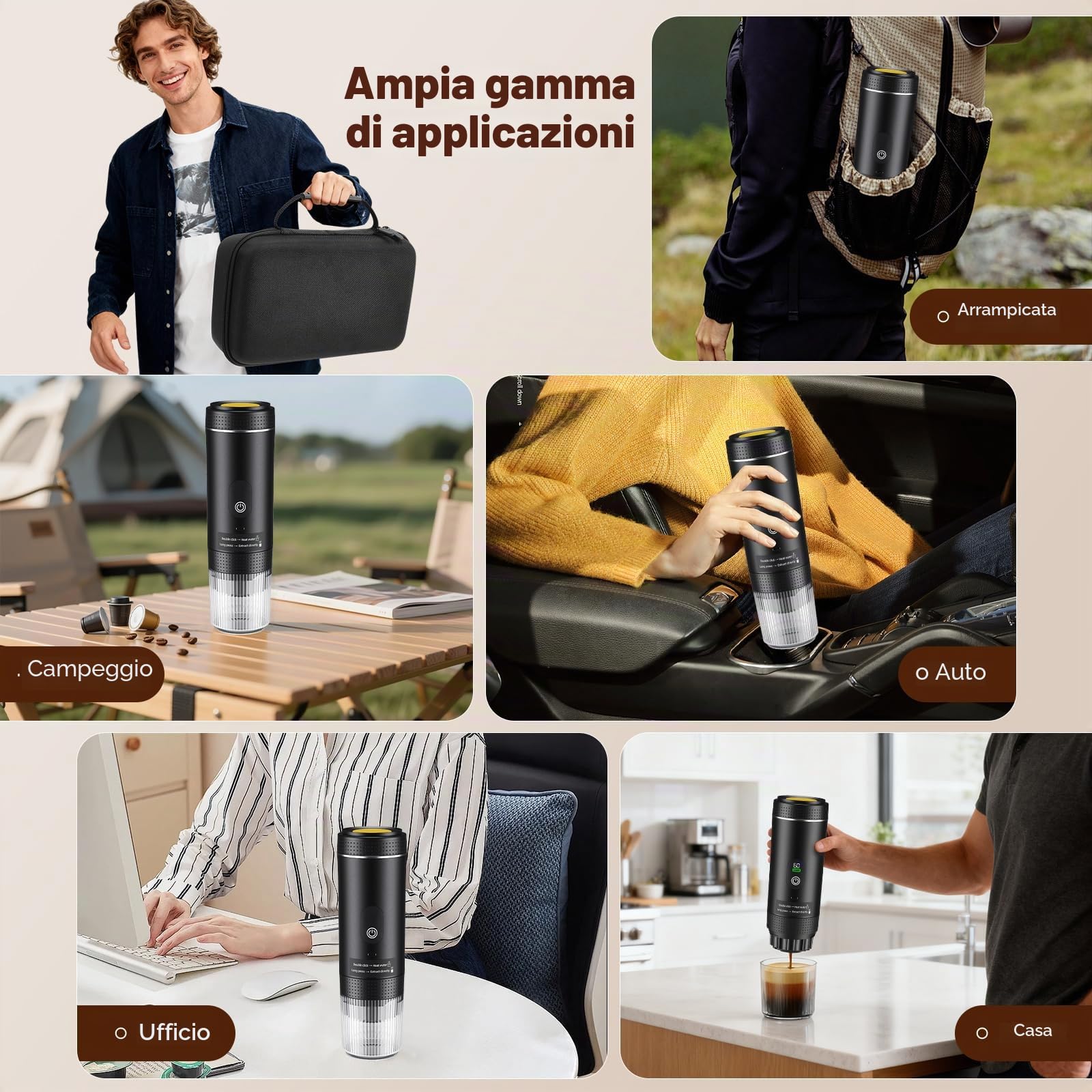 Macchina caffè portatile 3-in-1 20 bar, batteria 7500mAh USB-C, estrazione calda/fredda display, capsule e caffè macinato, nero