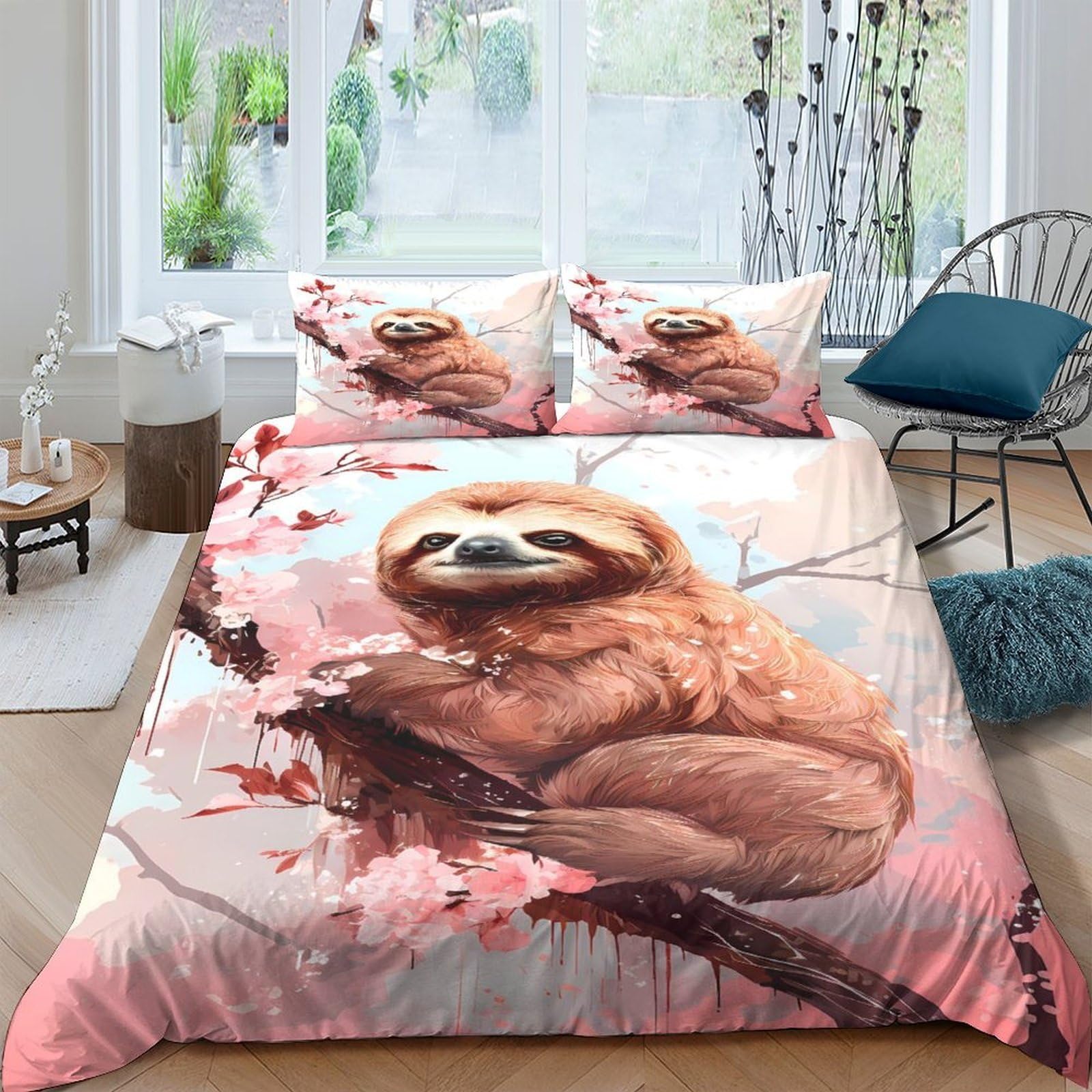 Ctjqhvkz Style-3 3D Printed Sloth Cherry Blossom Fitted Sheet Microfiber Soft Pink Mattress Cover For Bedroom Dorm Home Decor Single（135X200cm）