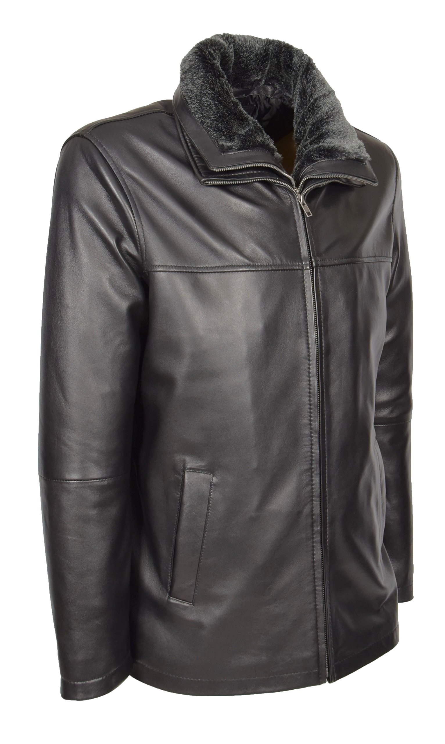Mens Real Leather Jacket Black Zip Box Removable Collar Hip Length Parka Coat - William