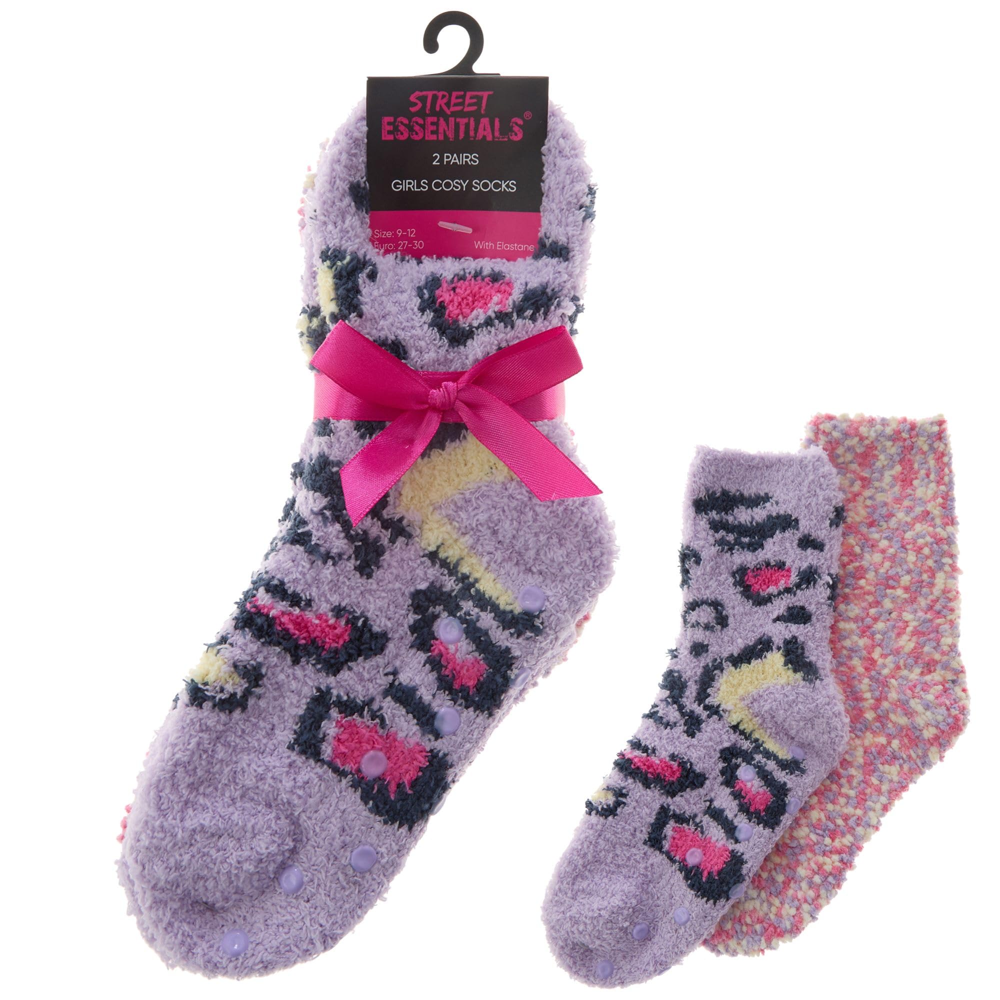 Metzuyan Girls 2 Pairs Fluffy Snuggle & Popcorn Socks Cosy Bed Socks Non Slip Grippers Leopard Designs Purple 4-5.5