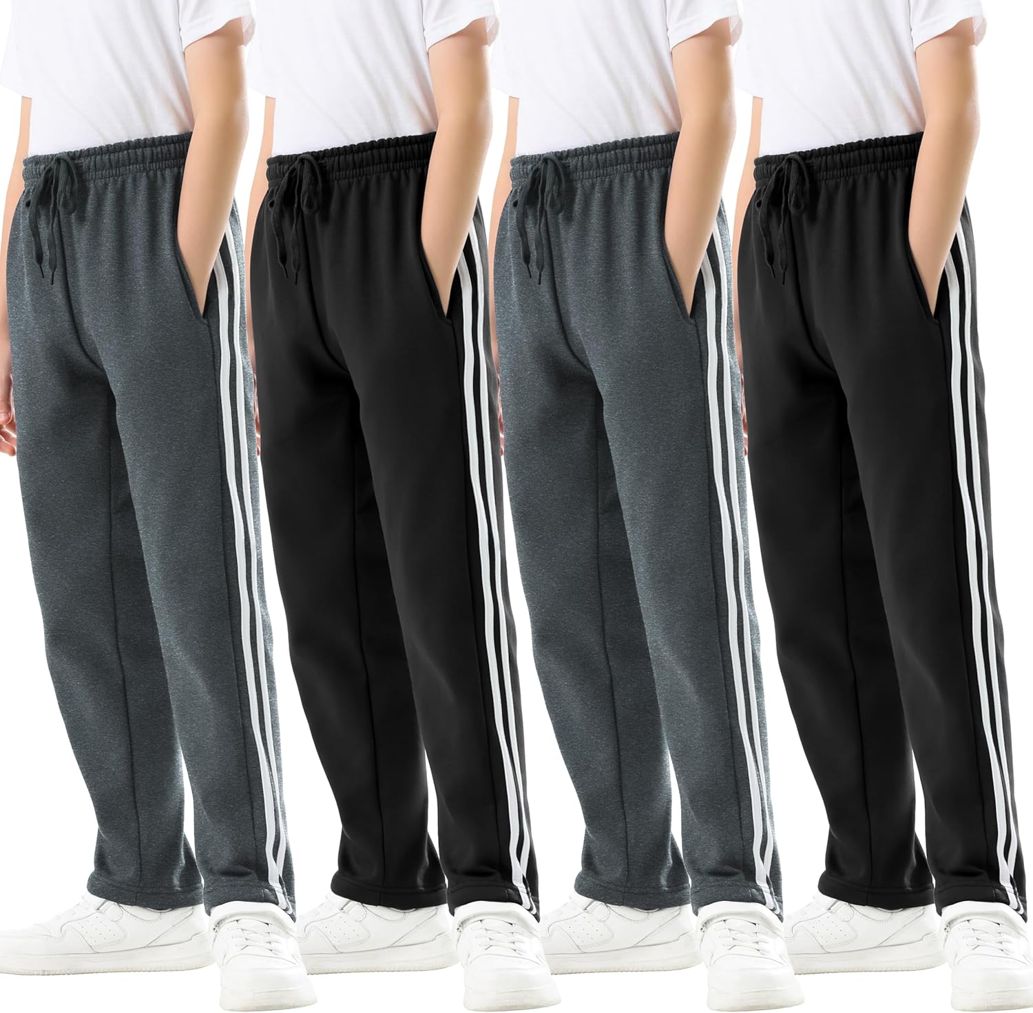 Rolimaka 4 Pcs Boys Sweatpants Soft Fleece Lined Open Bottom Youth Basic Athletic Joggers with Pockets Thermal Pants for Boys