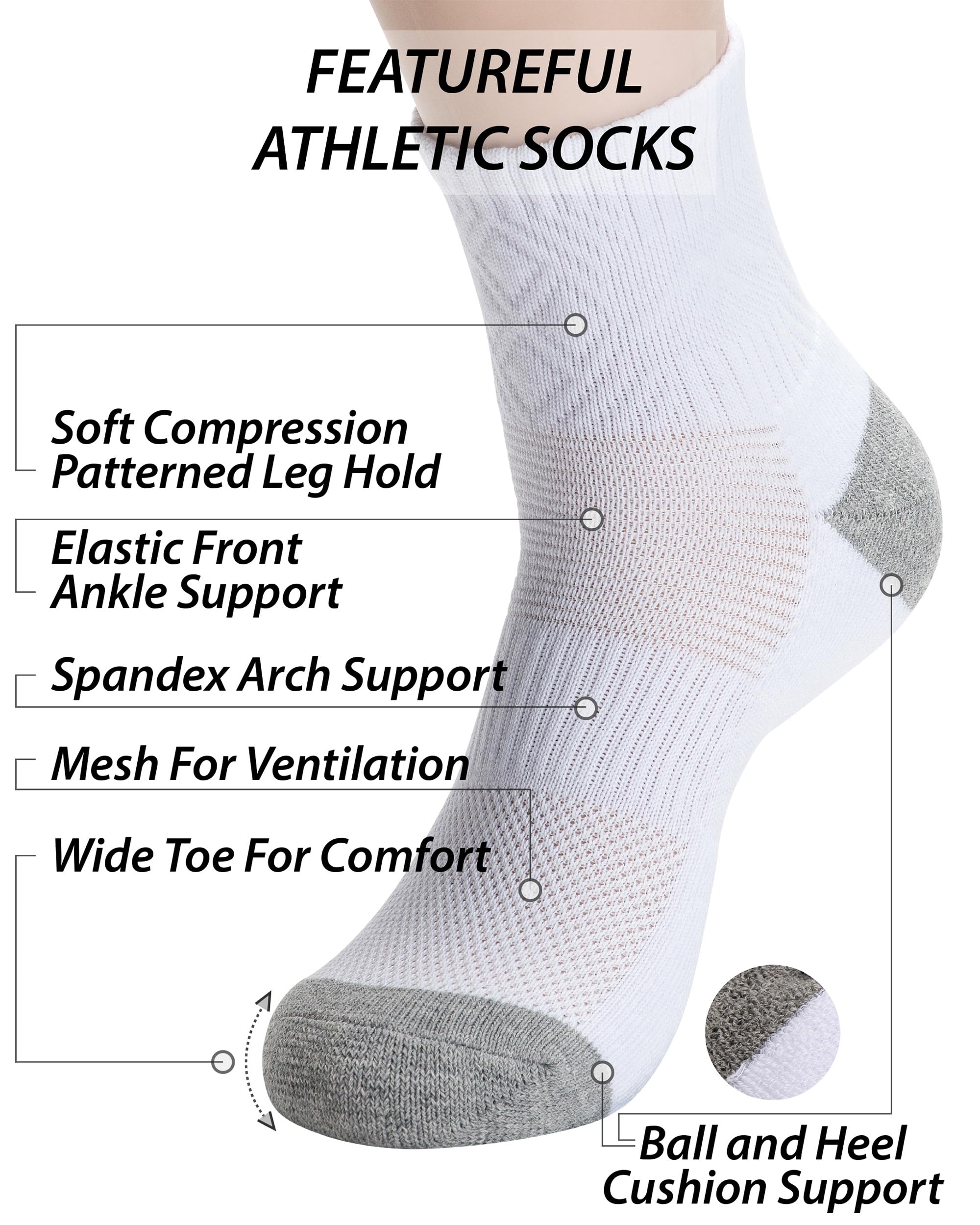 Pro Mountain Wide Toe Box For Health Cotton Compression Ankle Socks Athletic Hiking Mesh Quarter Length Size S Women 6-8 White 6 Pairs No Logo