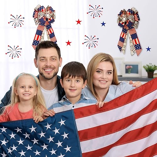 Miniatura 3 de Jutom 2 lazos patrióticos para corona del 4 de julio, lazo de arpillera con estrella roja, blanca y azul, arco de bandera estadounidense para el Día