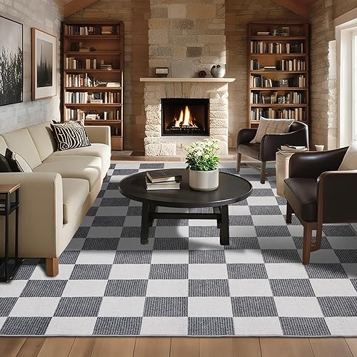 Miniatura 27 de Alfombra Lavable 5x7 de Cuadros, Alfombra de Área Verde y Blanca, Alfombras Grandes Boho para Sala de Estar, Alfombra de Bajo Pilo Ligera para Verde