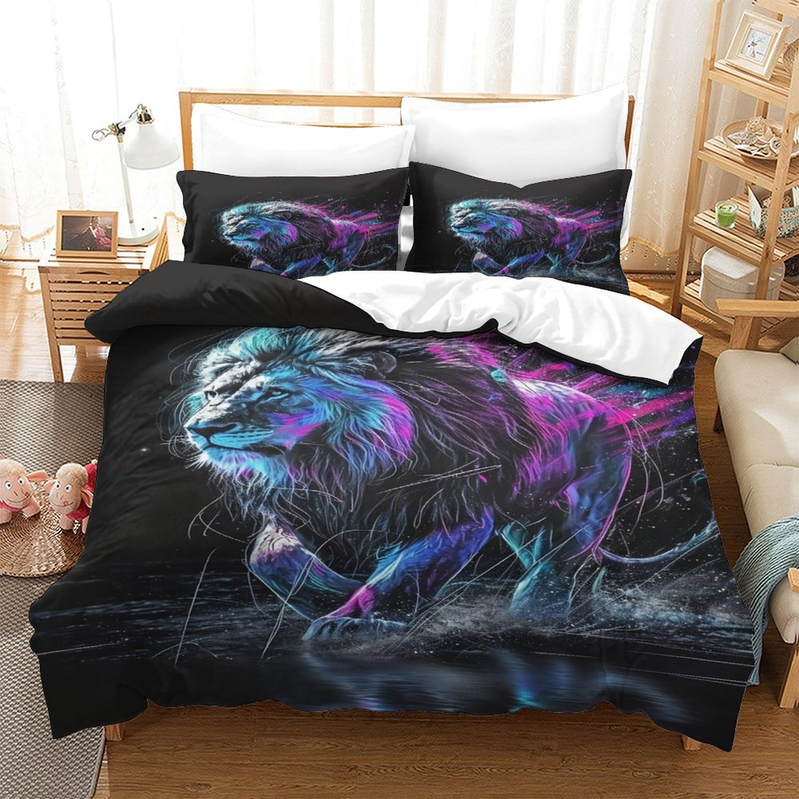 Parure de lit Lion 260x220 cm avec housse de couette en microfibre et taies
