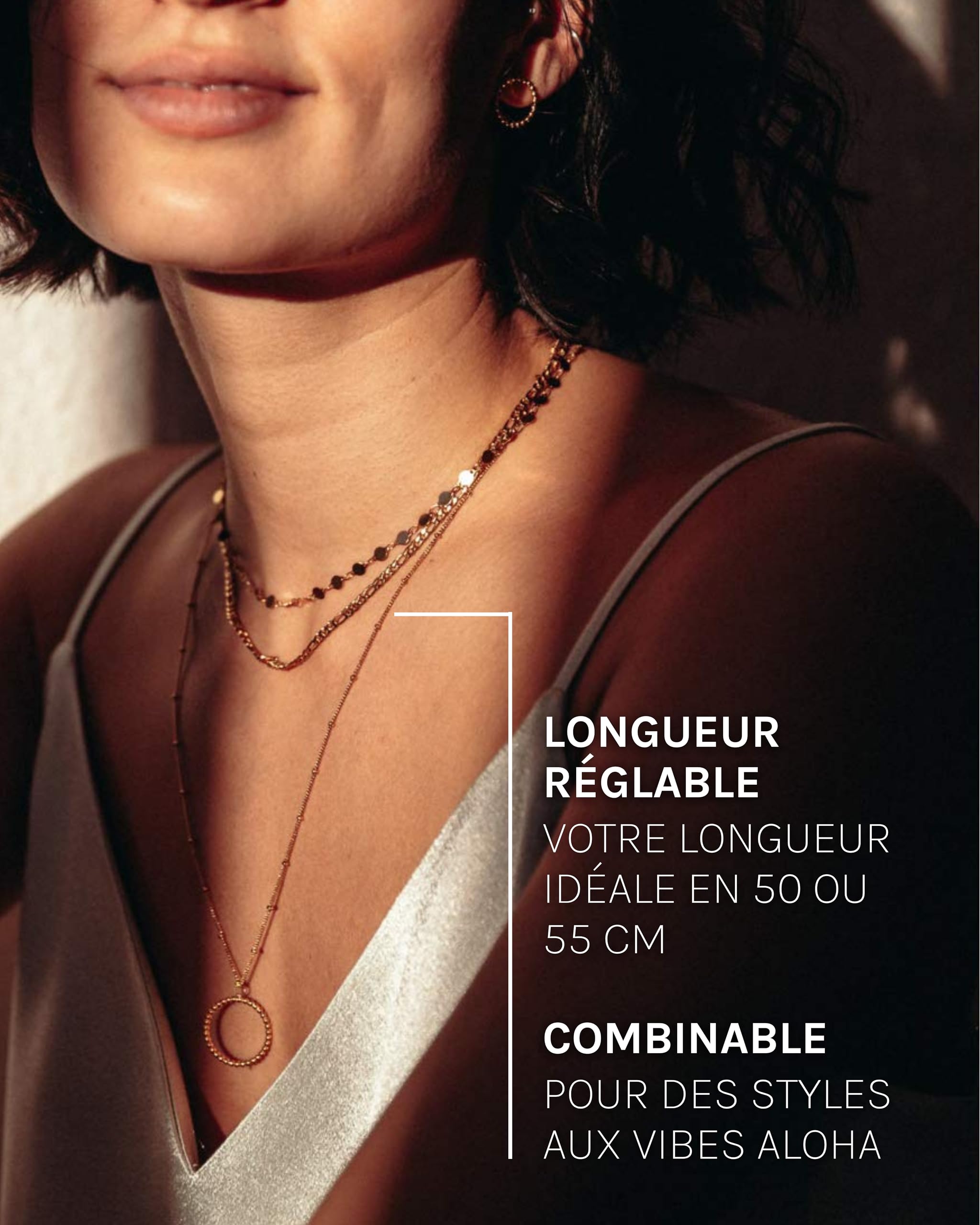 Purelei Collier Karma (Or, Argent, Or rose), collier femme fantaisie en acier inoxydable, résistant à l’eau avec pendentif cercle karma, réglable de 50 à 55 cm (Argent)