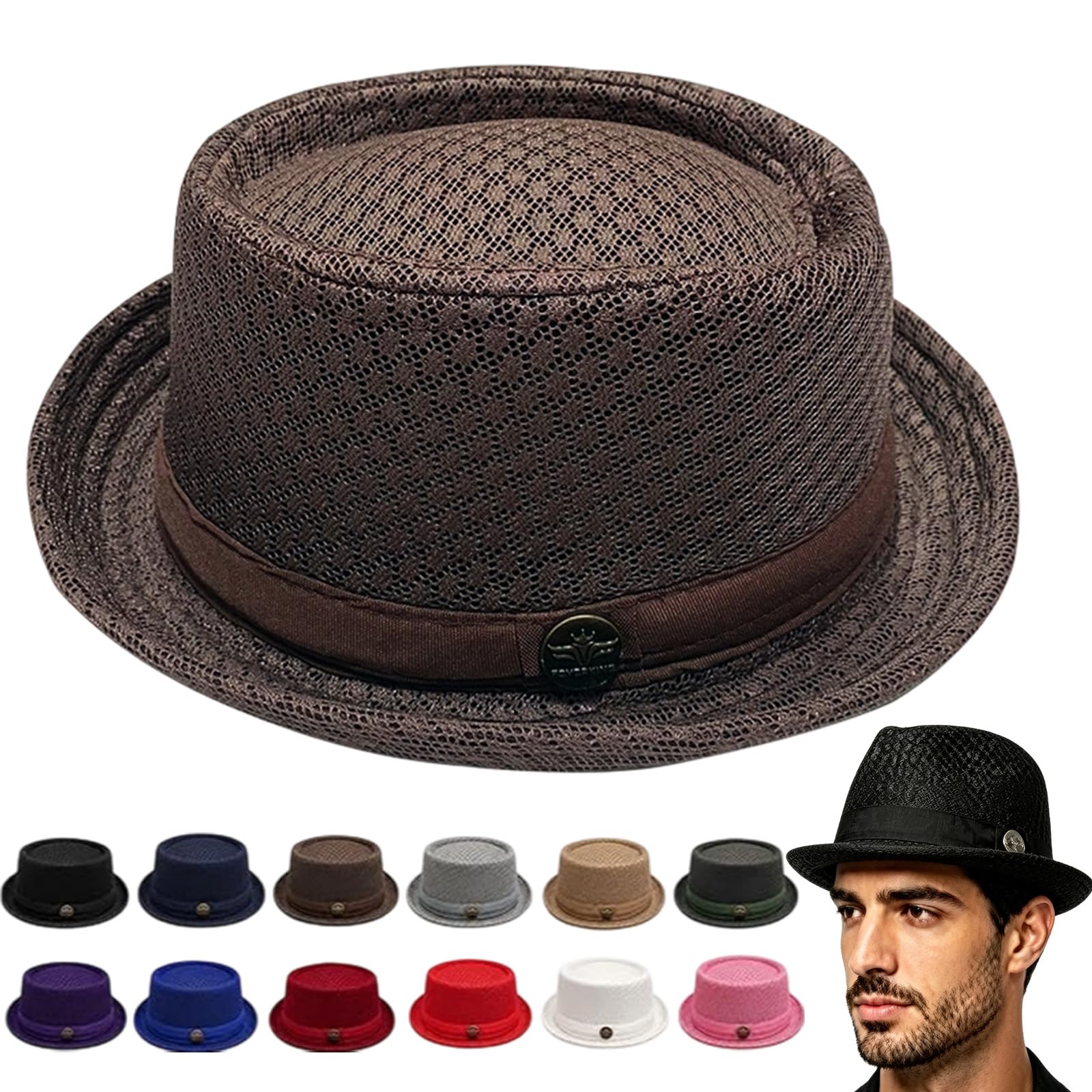 mondpfote Summer Breathable Mesh Pork Pie Hat, Men's Breathable Short Brim Fedora Cap, Classic Bowler Hat for Travel Party (Brown)