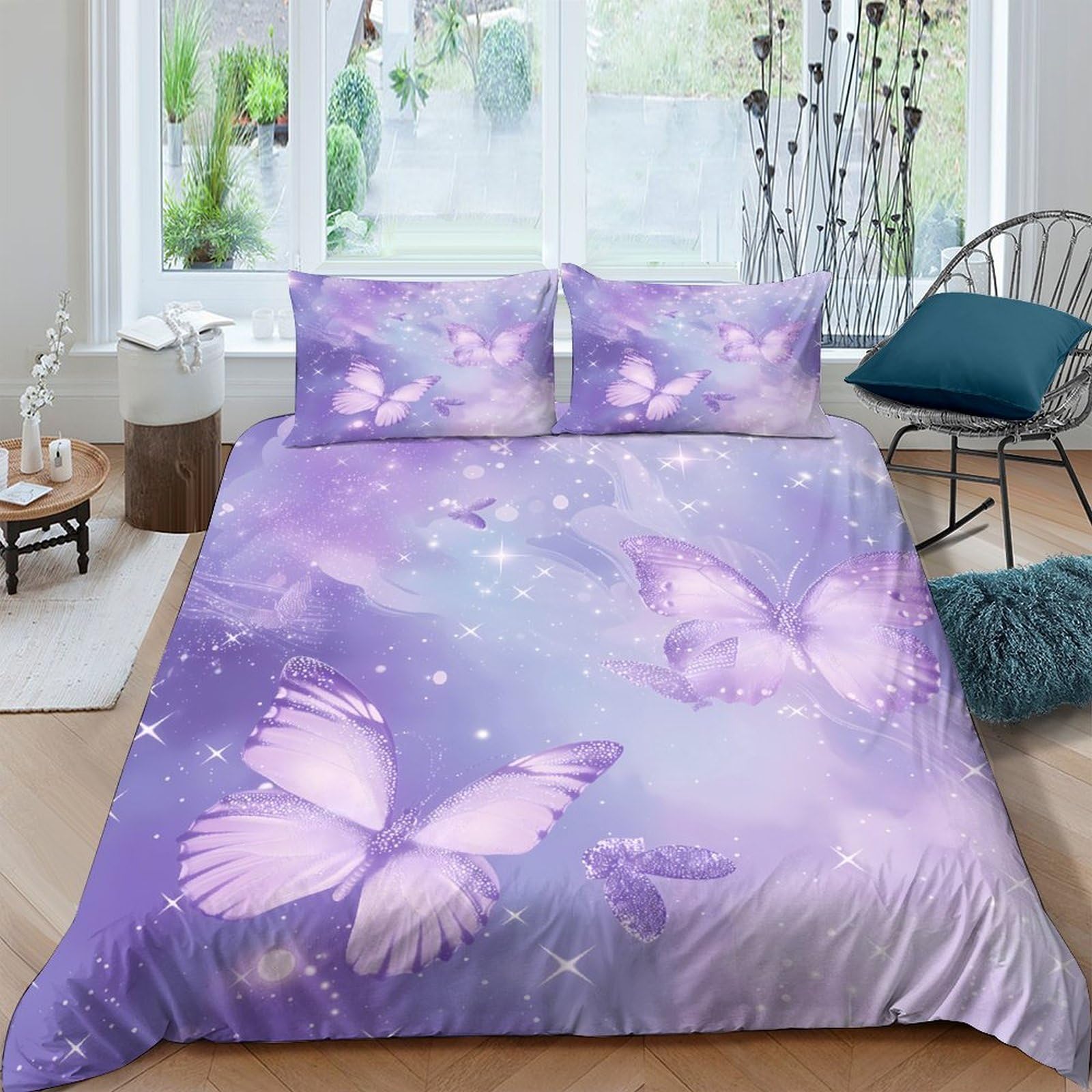 TUFRTGYHN 3D Printed Purple Butterfly Duvet Cover Microfiber Soft Breathable Dreamy Sky Bedding Set with 2 Pillowcases for Bedroom Decor Single（135x200cm）