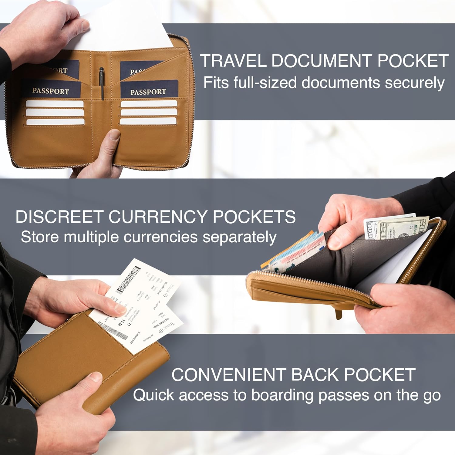 Full Grain Leather Family Passport Holder for 4 Passports - RFID Passport Holder and Travel Document Organizer - Large Leather Travel Wallet for Families - Camel - Image 4