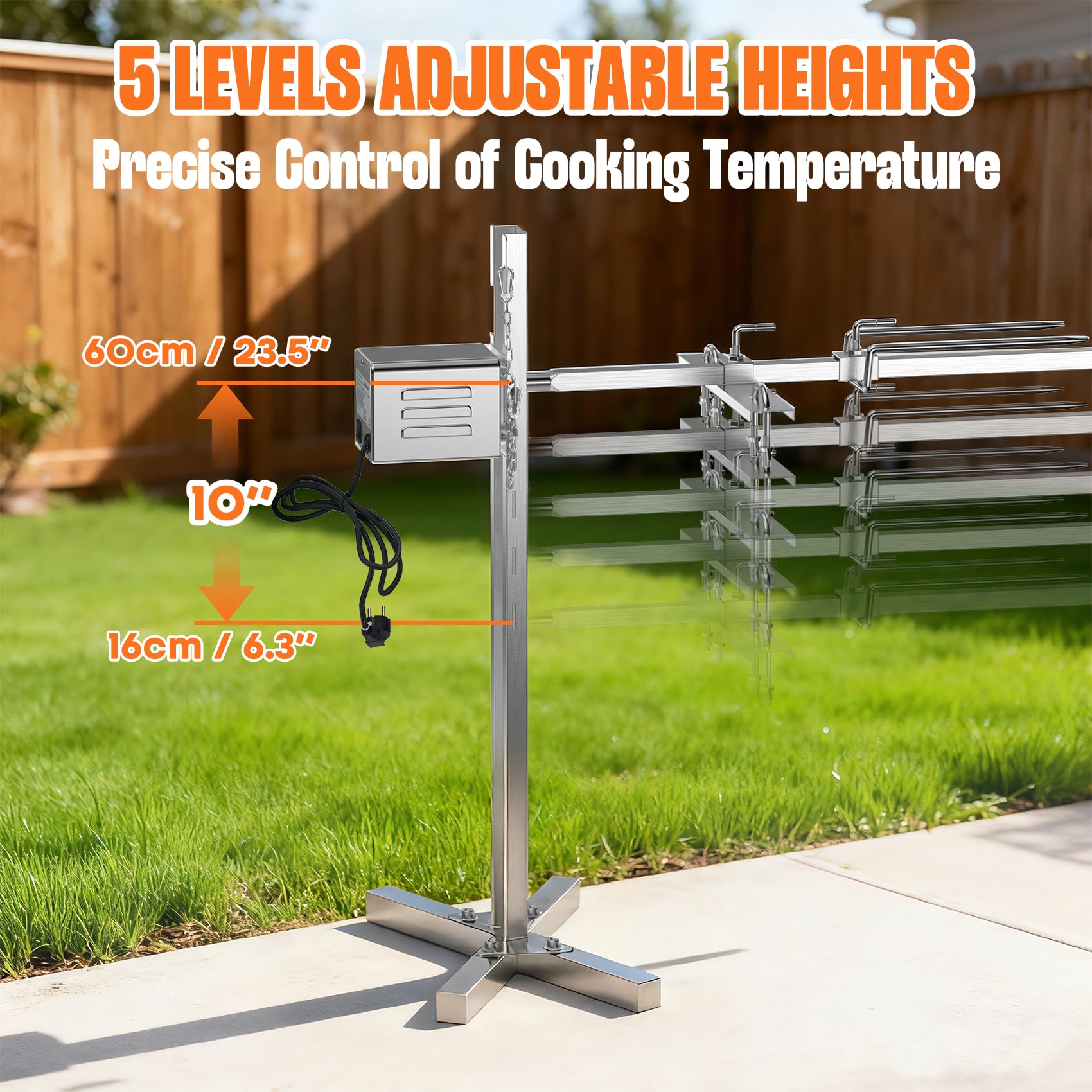 Spanferkelgrill mit Motor 60kg Belastbarkeit, Elektrischer Grillspieß Edelstahl mit 5-Stufig Höhenverstellbar, Spießbratengrill für Lamm, Schwein & Outdoor BBQ Gartenparty
