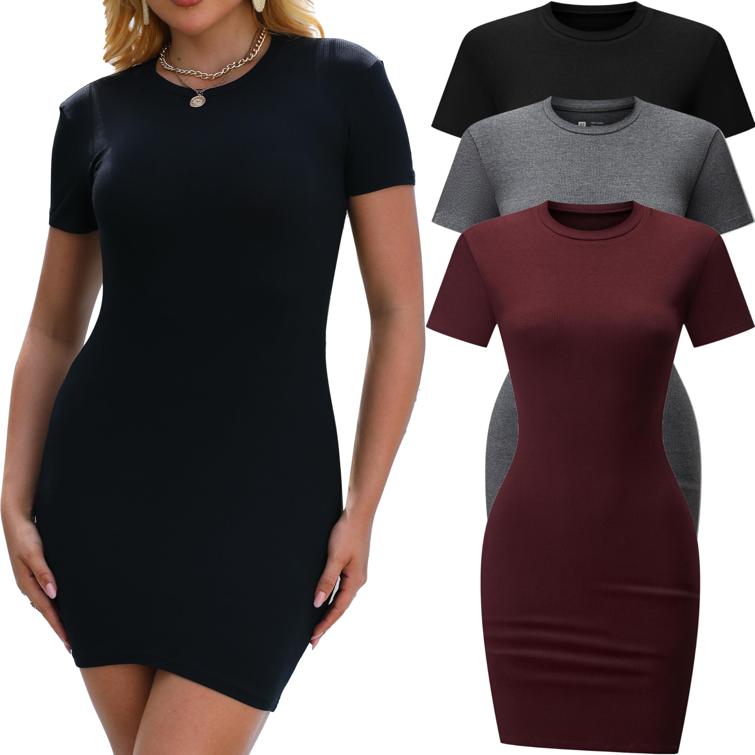 Chongbaijia 3 Pack Summer Dresses for Women 2026 Crewneck Short Sleeve Dress Beach Vacation Mini Bodycon T Shirt Dress