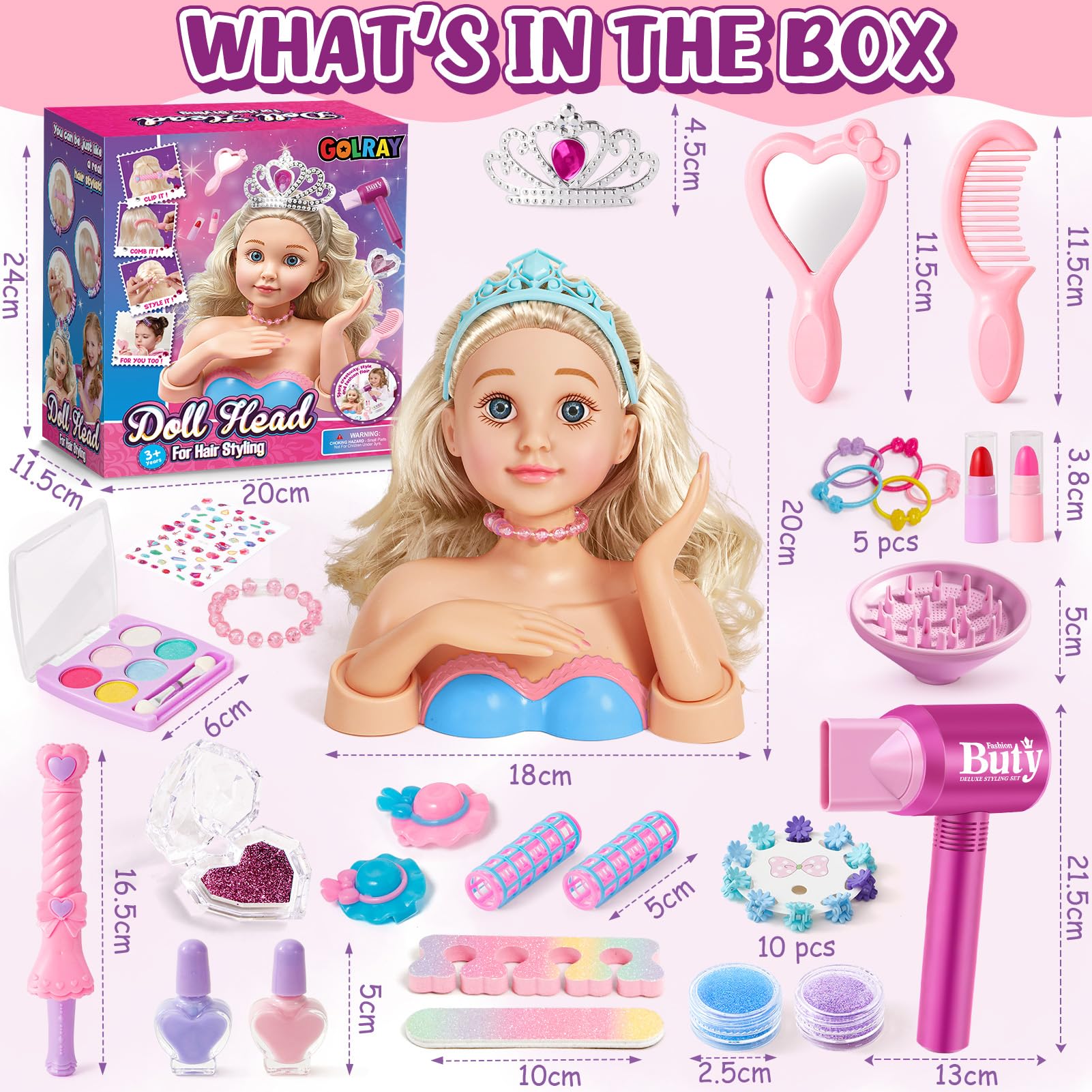 G.C Schminkpuppe Frisierkopf für Kinder Mädchen Spielzeug mit Schminkkopf Haartrockner Nagellack Kinderschminke Friseur Zubehör, Puppenkopf zum Frisieren und Schminken Geschenk Mädchen 3 4 5 6 Jahre