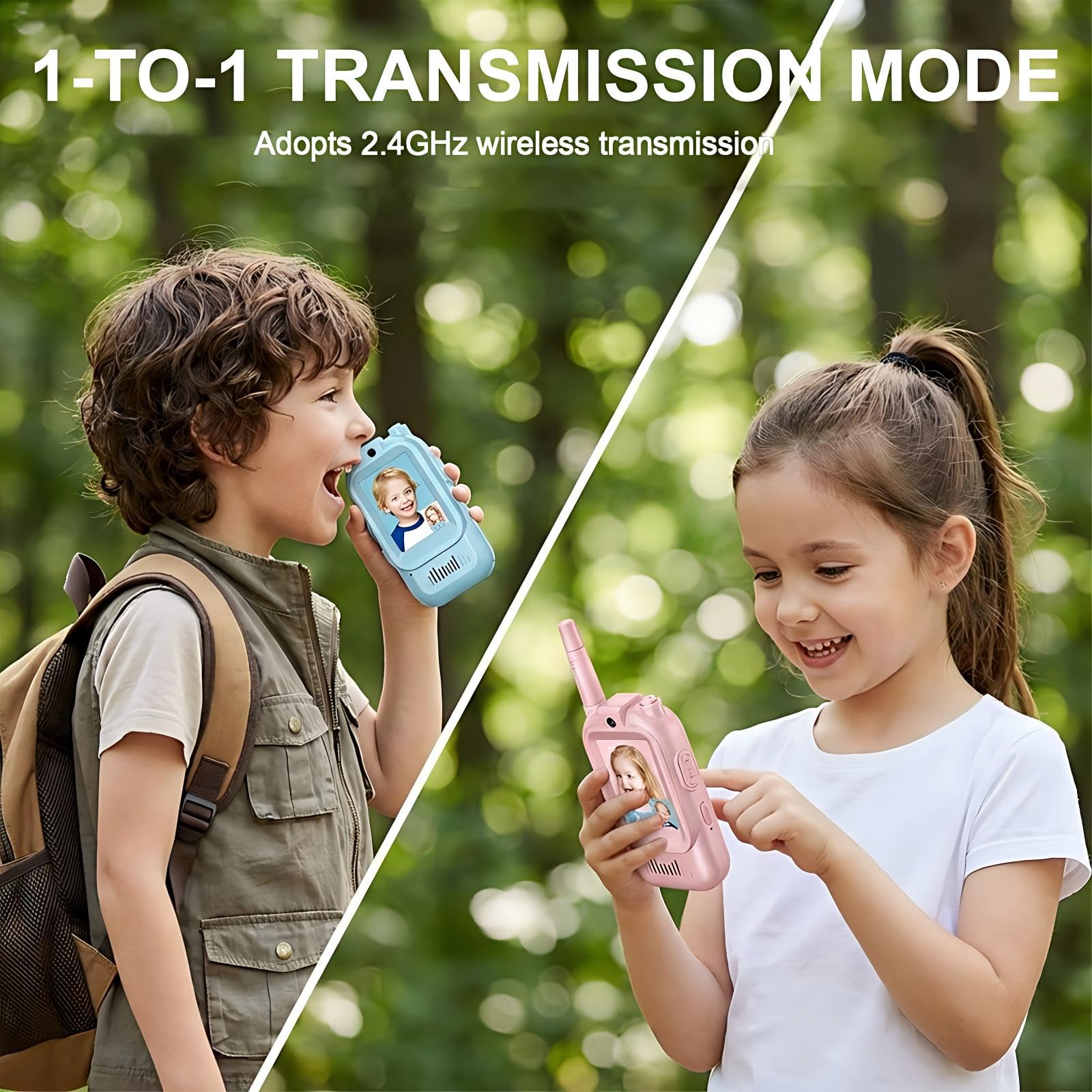 Video Walkie Talkie Niños con Cámara, Set de 2, 4 Efectos de Voz, Alcance 300m, Recargable USB-C, Pantalla LCD, Regalo Cumpleaños para Niña Niño 6-10 Años, Camping Excursión
