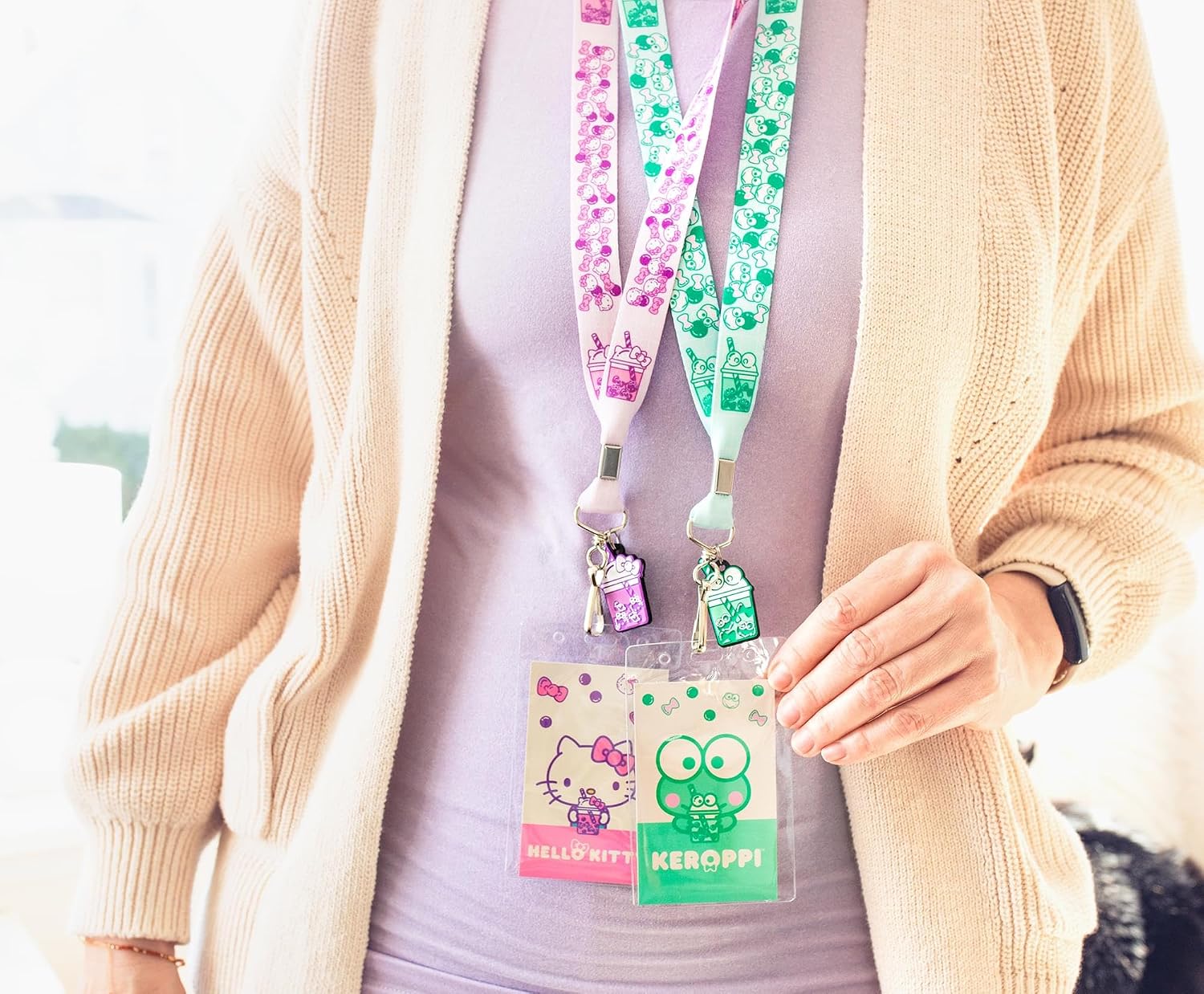 Sanrio Hello Kitty and Keroppi Boba Tea Lanyard Set with ID Badge Holders and Removable Charms | Keychain for Office, Staff, Students