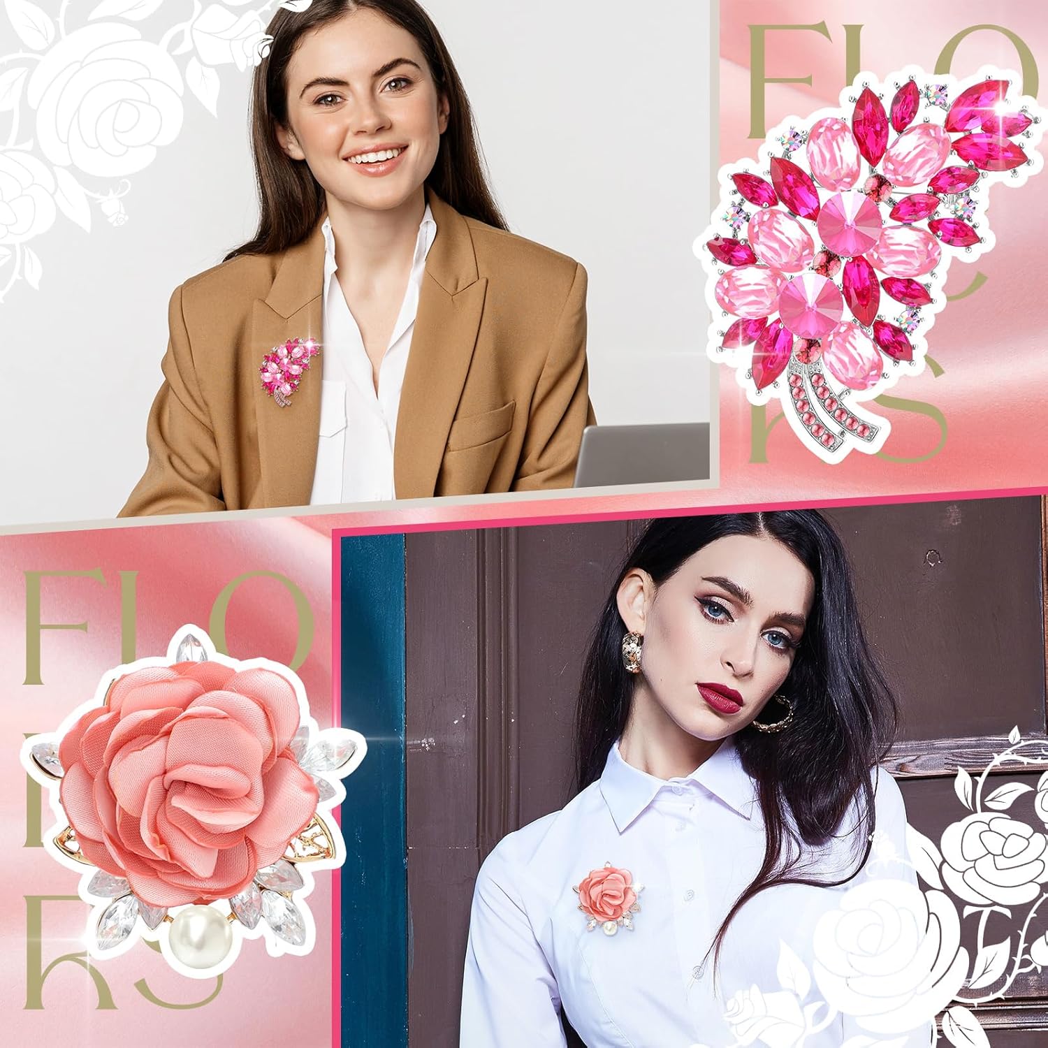 10 Pcs Brooches for Women Elegant Rhinestone Bouquet Brooch Pin Crystal Flower Brooch Pink snowflake pin for Wedding Bridal Dress Corsage Bouquet Coats Jackets Sweaters Clothing Accessories - Image 6