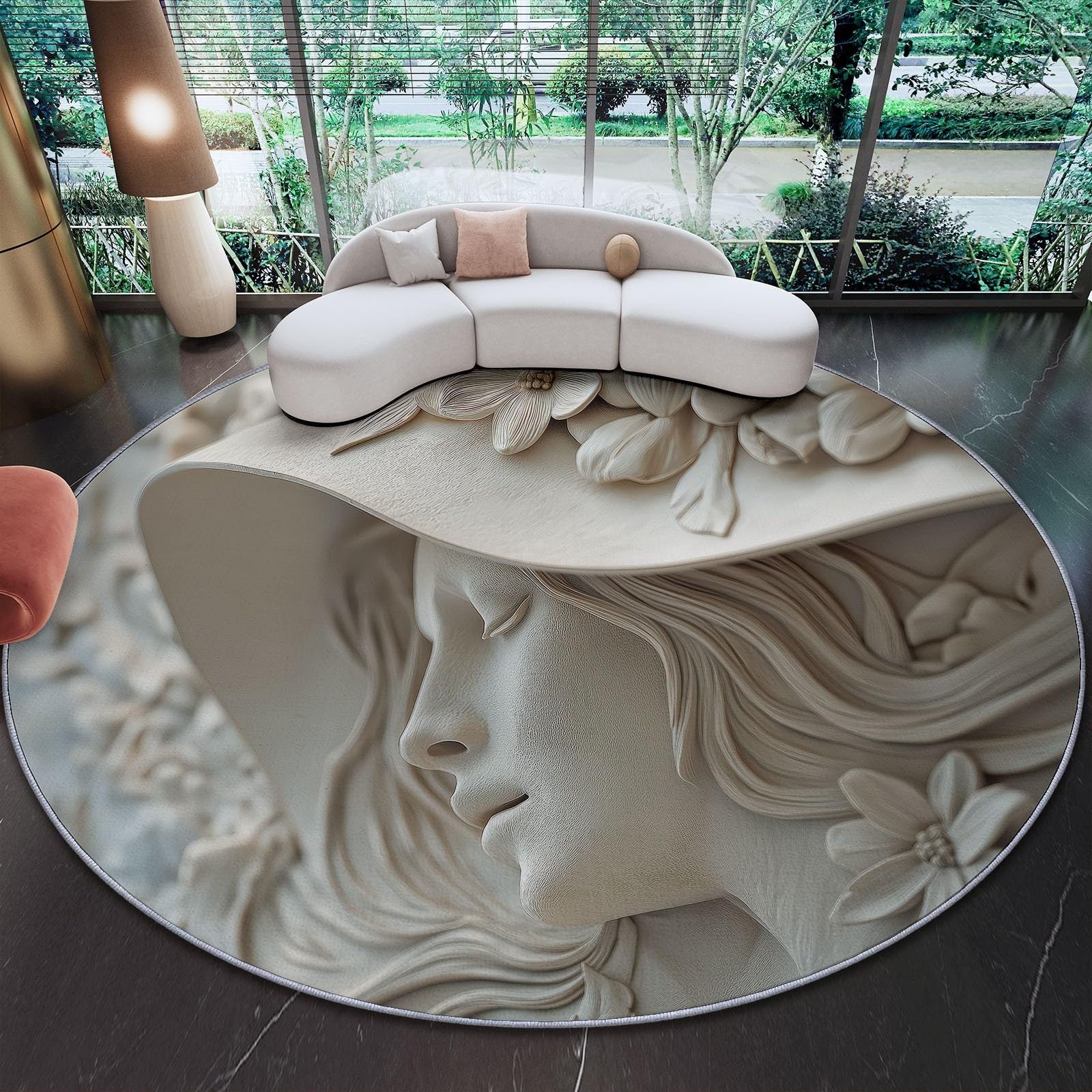 Okrągły dywan do salonu z krótkim włosiem 160 cm miękki i wygodny dekoracyjny dywanik podłogowy styl vintage kobiecy relief kwiatowy antypoślizgowy do salonu sypialni jadalni, beżowy