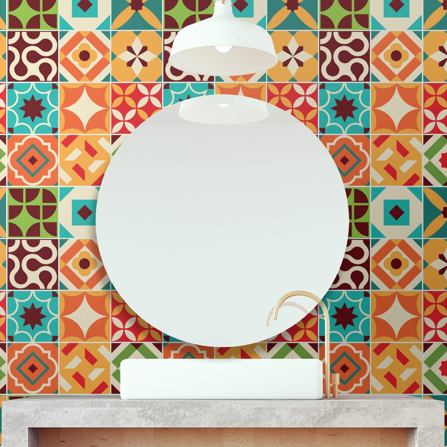 WALPLUS 15cm 24pcs Ziggy Colourful Retro Wall Tile Stickers Peel and Stick Backsplash Self-Adhesive Decals Home Decor DIY Living Room Splashbacks Spring Easter Decoration Tile Paint Stick on Tiles