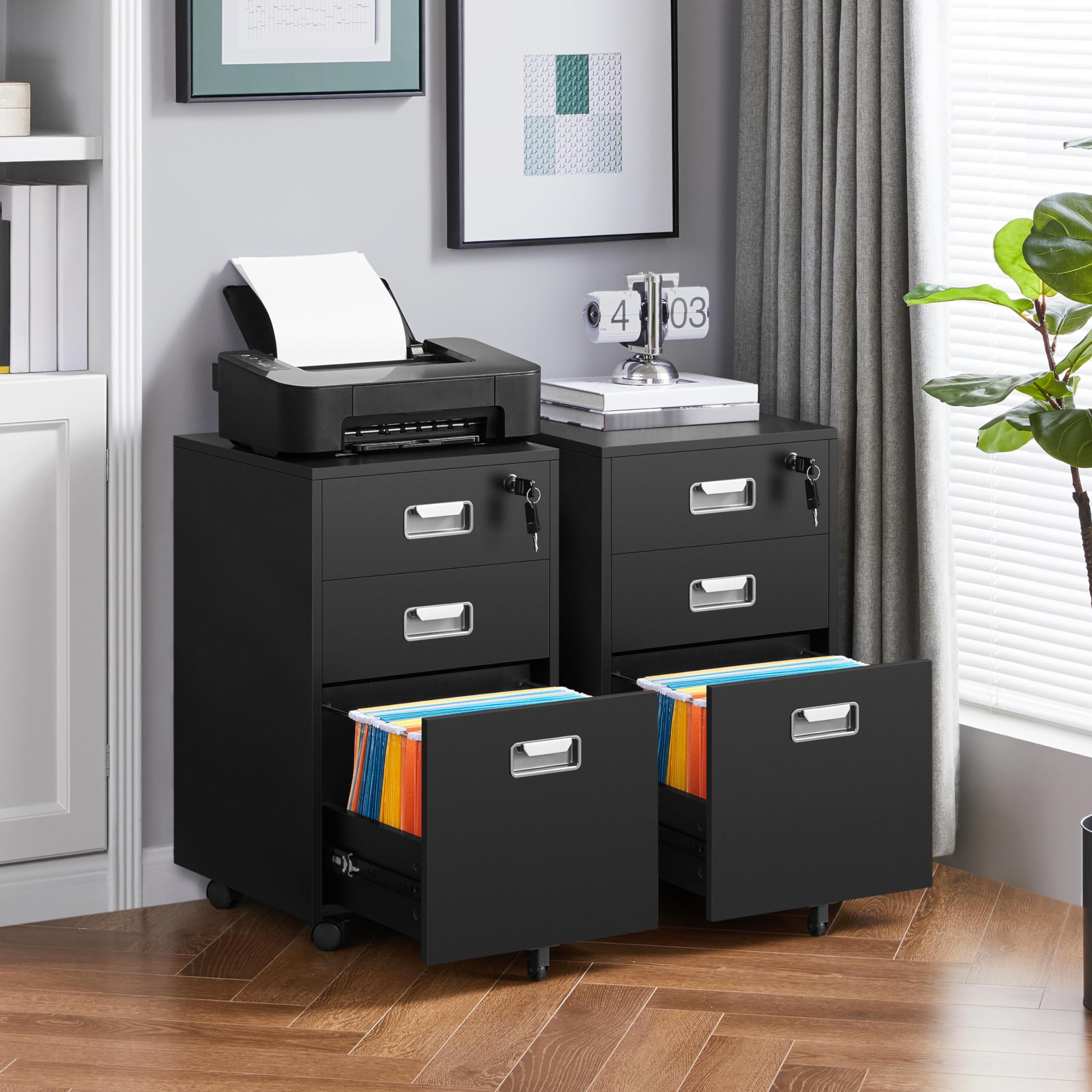 Yaheetech Armadietto con 3 cassetti e cartella sospesa, mobile per ufficio, studio, soggiorno, ufficio, colore nero