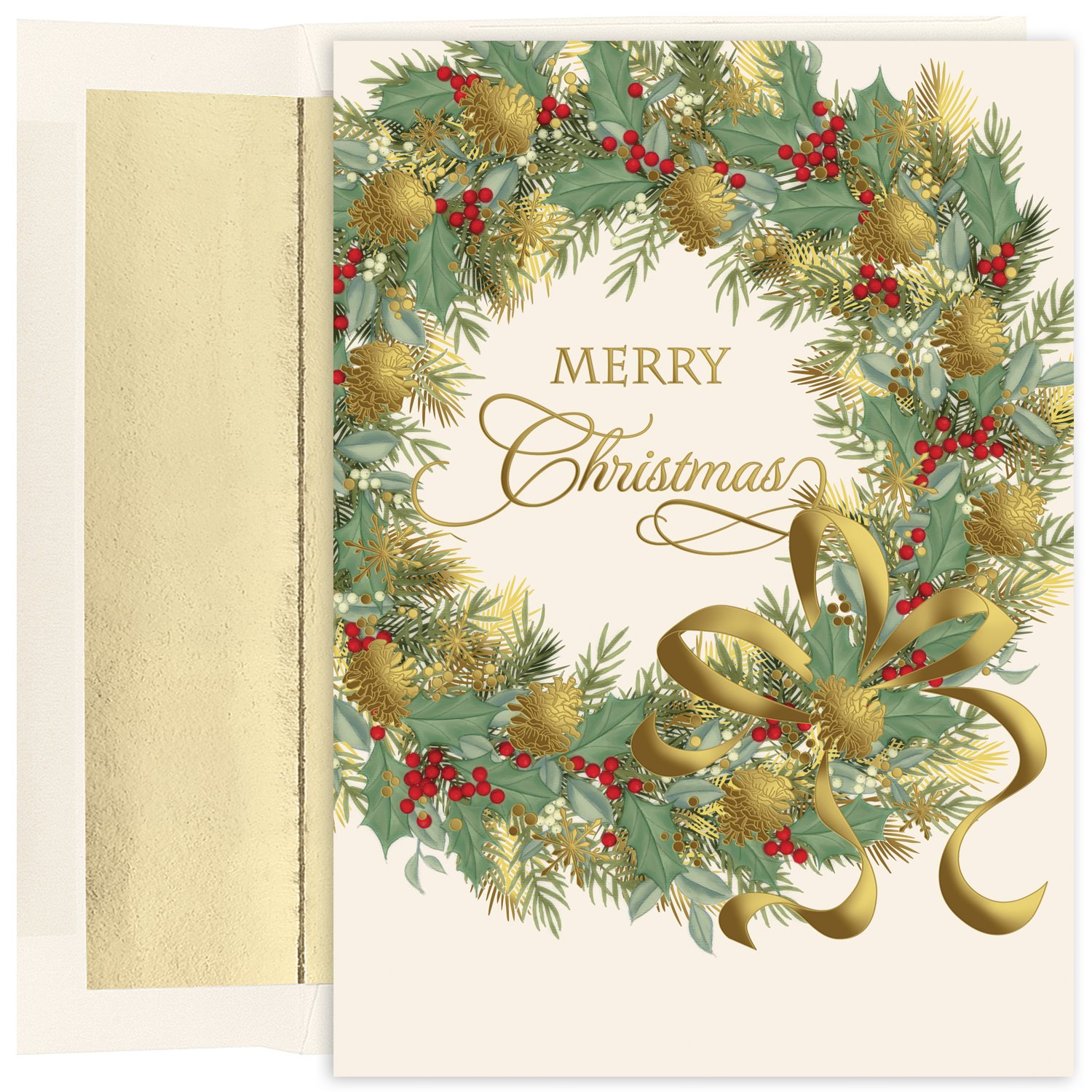 Masterpiece Studios Holiday Collection 16-Count Boxed Embossed Christmas Cards with Foil-Lined Envelopes, 7.8" x 5.6", Traditional Wreath