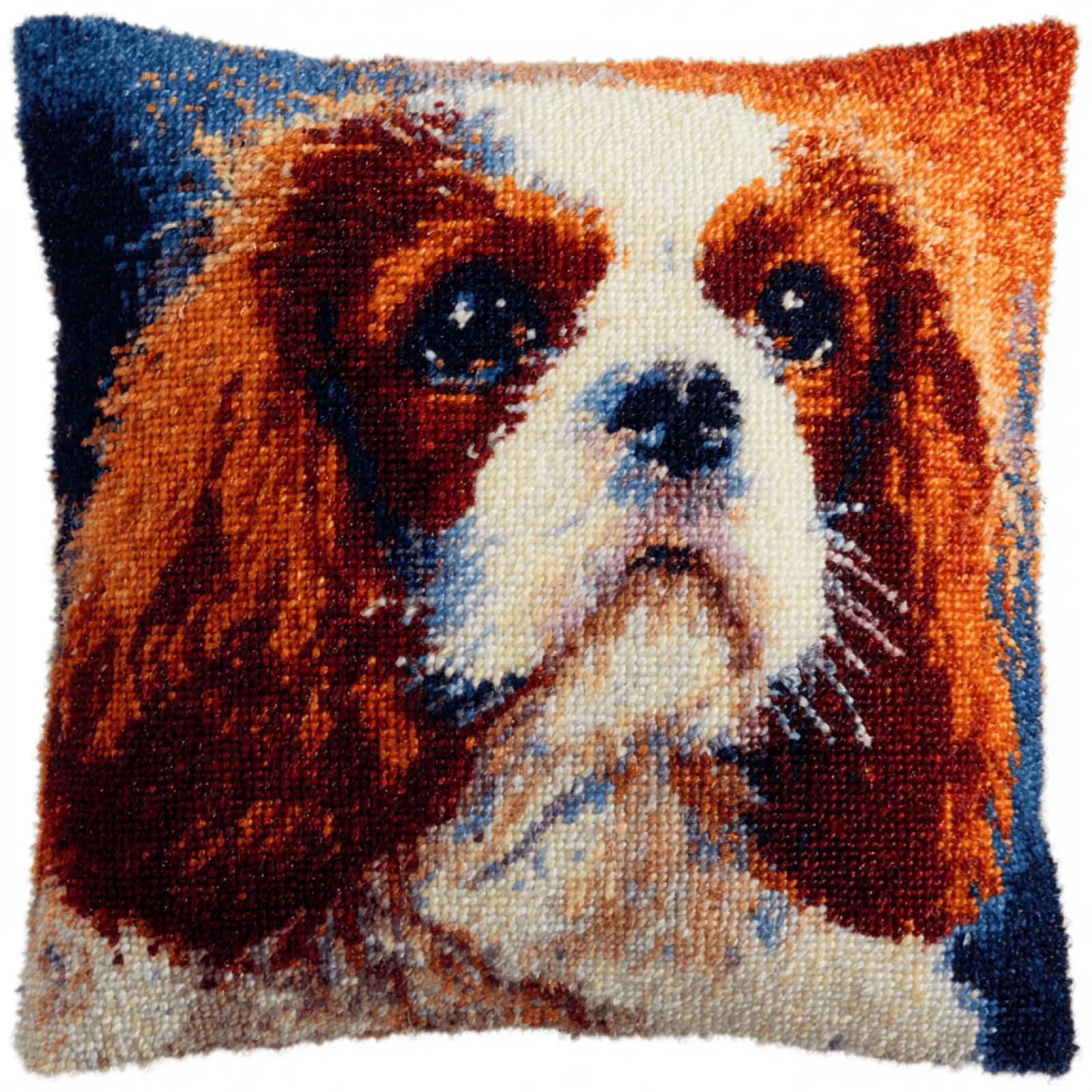 XDEGHUANGSS DIY Dog Latch Hook Kits Throw Pillow Cover Cute Cushion Cover Pillowcase,Cavalier King Charles Spaniel,Embroidery DIY Kit Crochet Needlework Crafts for Kids and Adults 43x43 cm