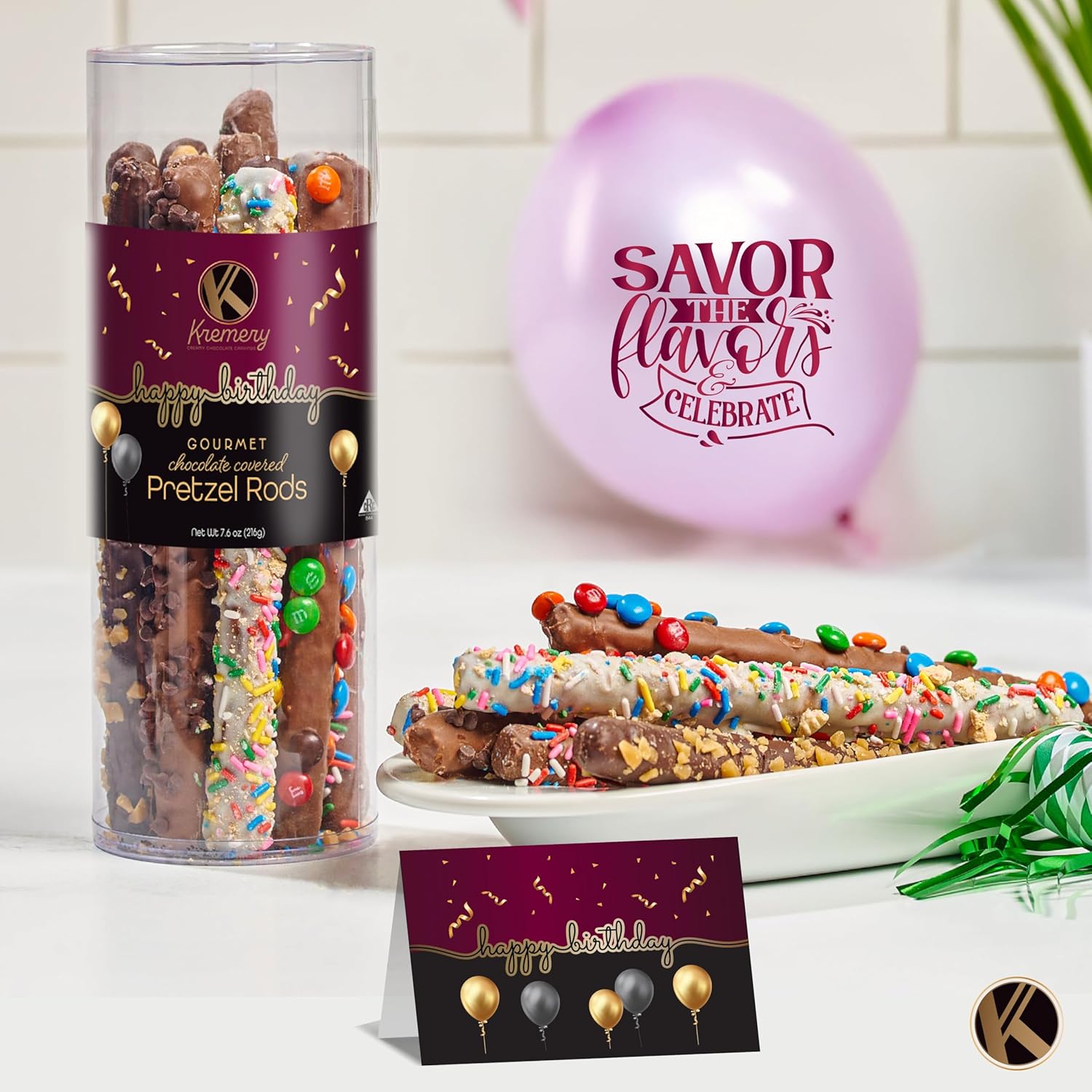 KREMERY Creamy Chocolate Cravings - Birthday Treats Chocolate Covered Pretzel Rods Gift Basket with Candied Toppings (8 Pretzels) Sweet Treats Food Arrangement in Clear Tube + Greeting Card, Kosher