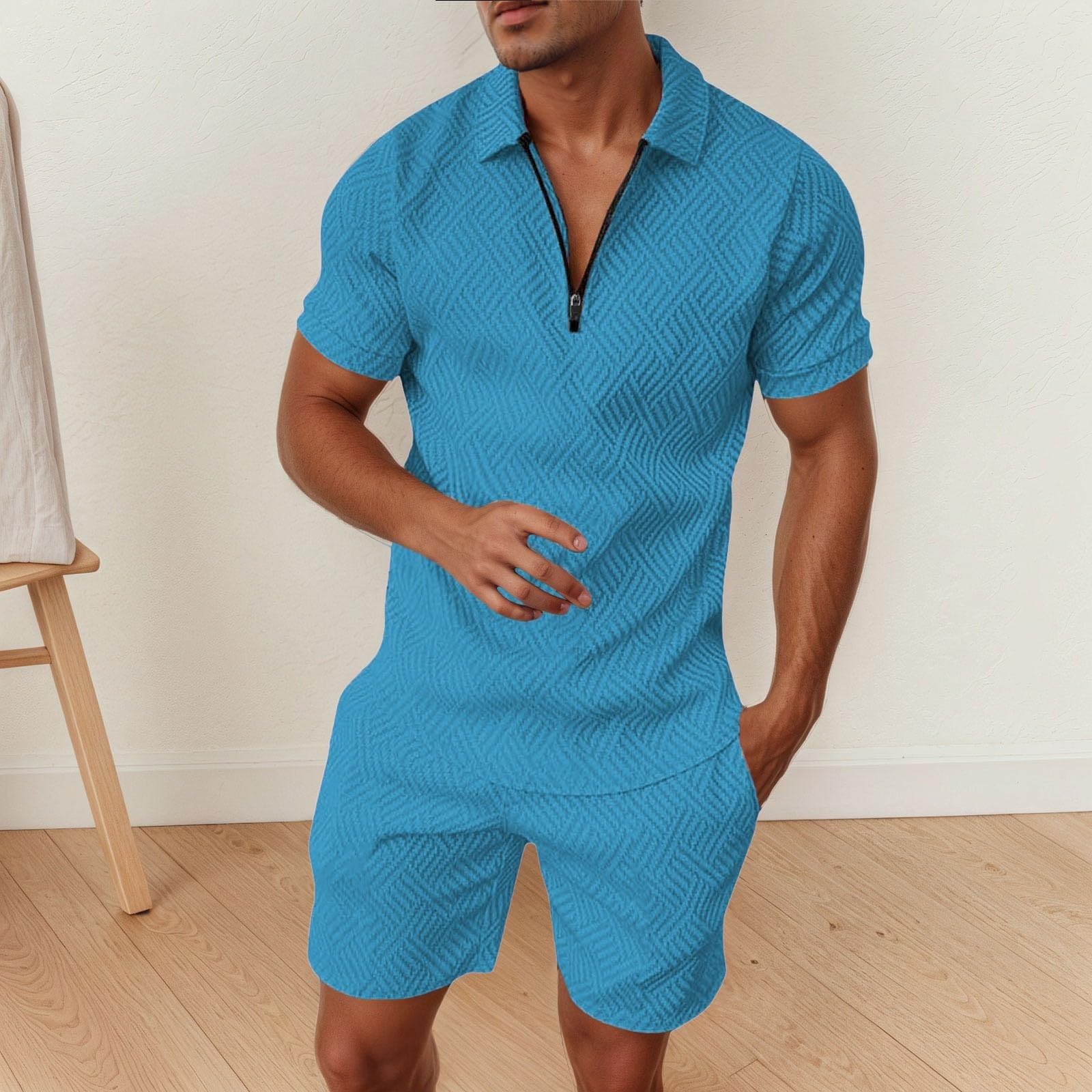 Tuta Uomo Estiva Sportiva Maniche Corte Cerniera T-Shirt e Pantaloncini Estiva 2 Pezzi Set Completo Completa Cotone Leggero Tute Due Maglietta e Complete