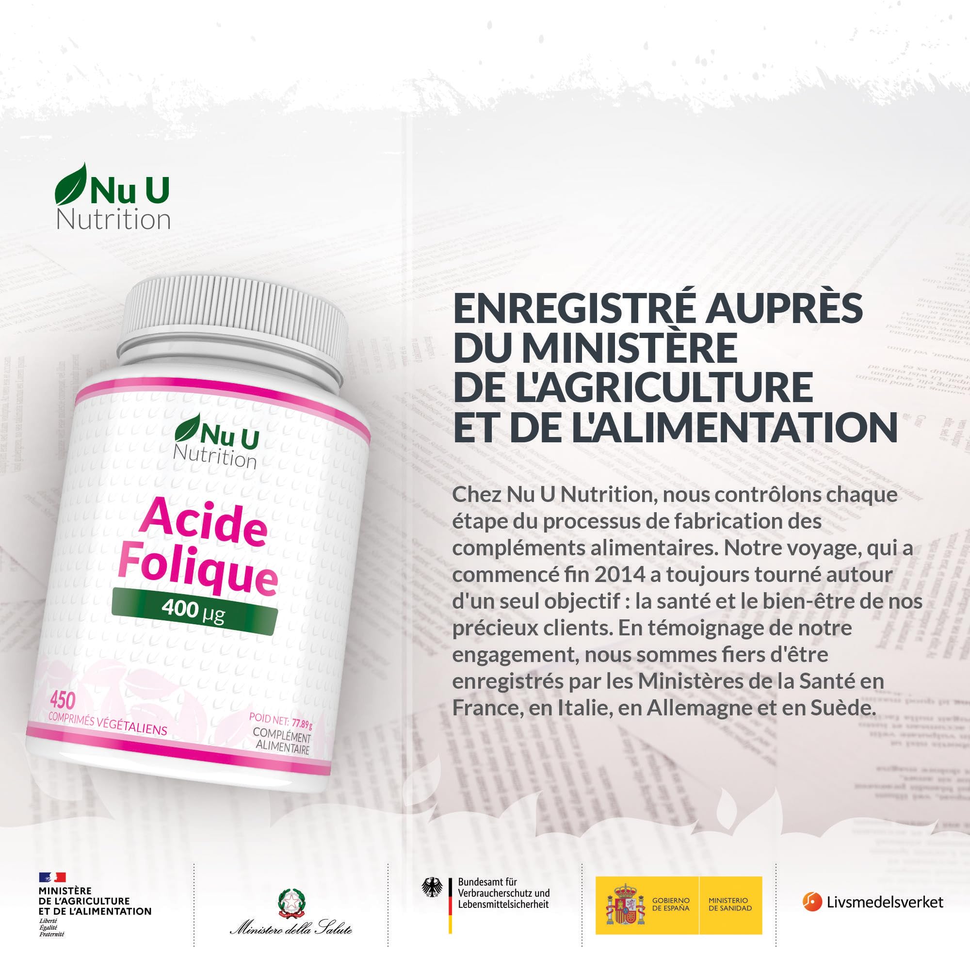 Acide Folique 400 µg – 450 Micro Comprimés Végétaliens – Cure de 15 Mois – Vitamine B9 Folate pour Femmes Enceintes – Supplément Prénatal – Fabriqué en Europe – Nu U Nutrition