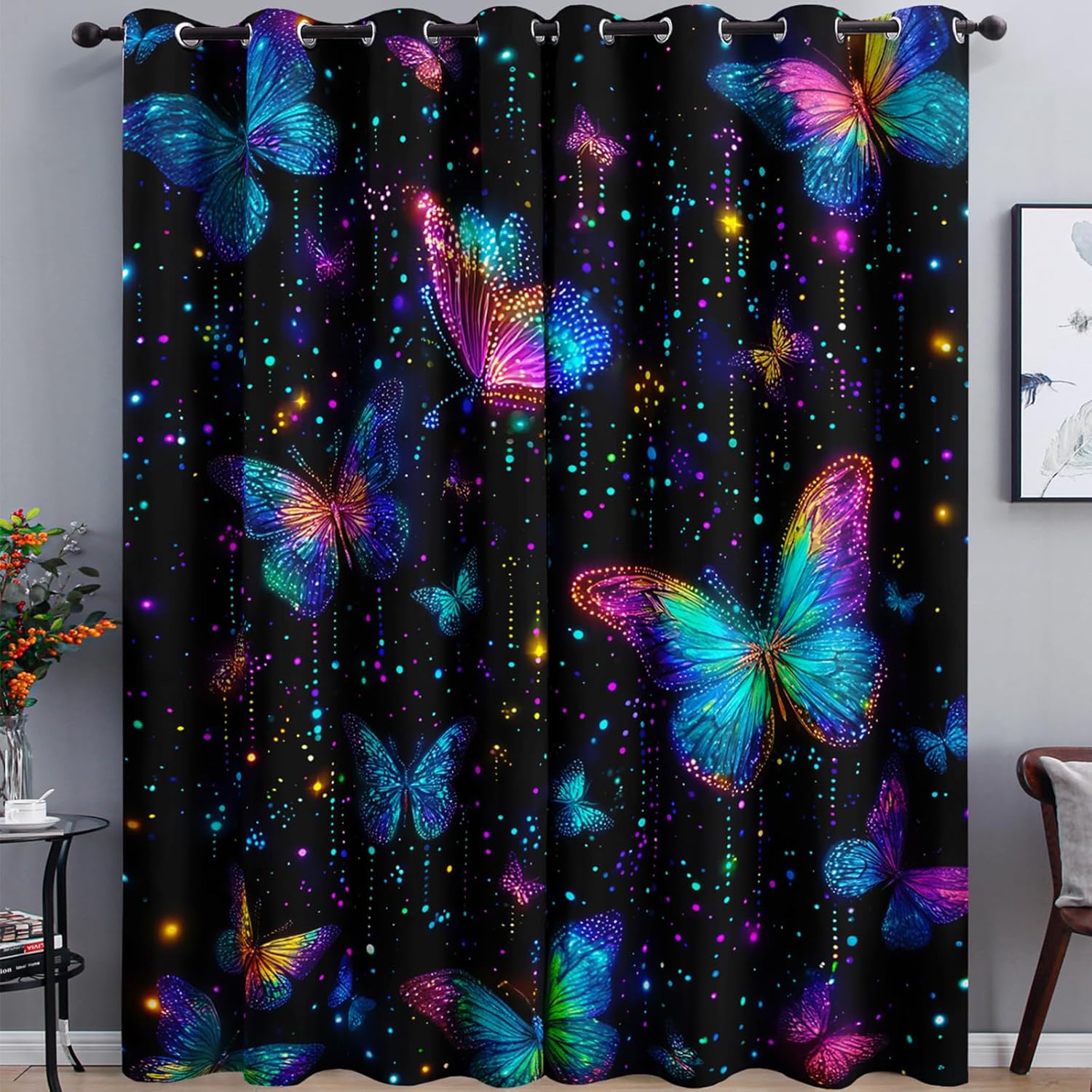 AILONEN Colorful Glowing Butterflies Window Curtain,Boho Starry Sky Window Treatments Drapes for Bedroom Decor, 52" W x 63" H2 Panels