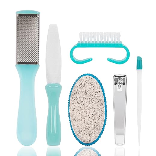 Trim Pedicure Kit - Includes Toenail Clipper, Cuticle Pusher, Pumice Stone, Callus Remover, Contour Toe File, Nail Brush & Storage Pouch - Salon Quality Foot Care Set for Grooming - 6 Piece Set