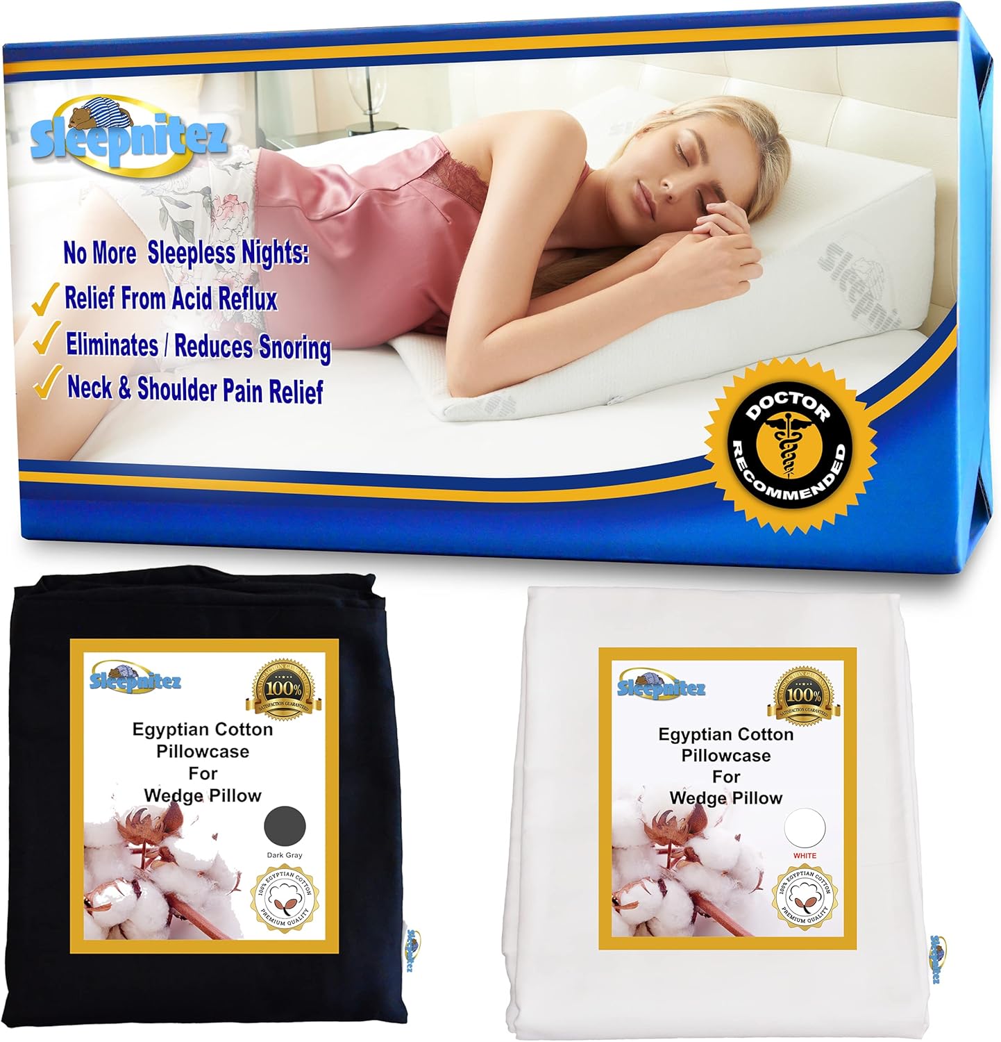 8" Bed Wedge Pillow for Acid Reflux with Tencel Cover and 2 Egyptian Cotton Loose Fitting Pillowcases