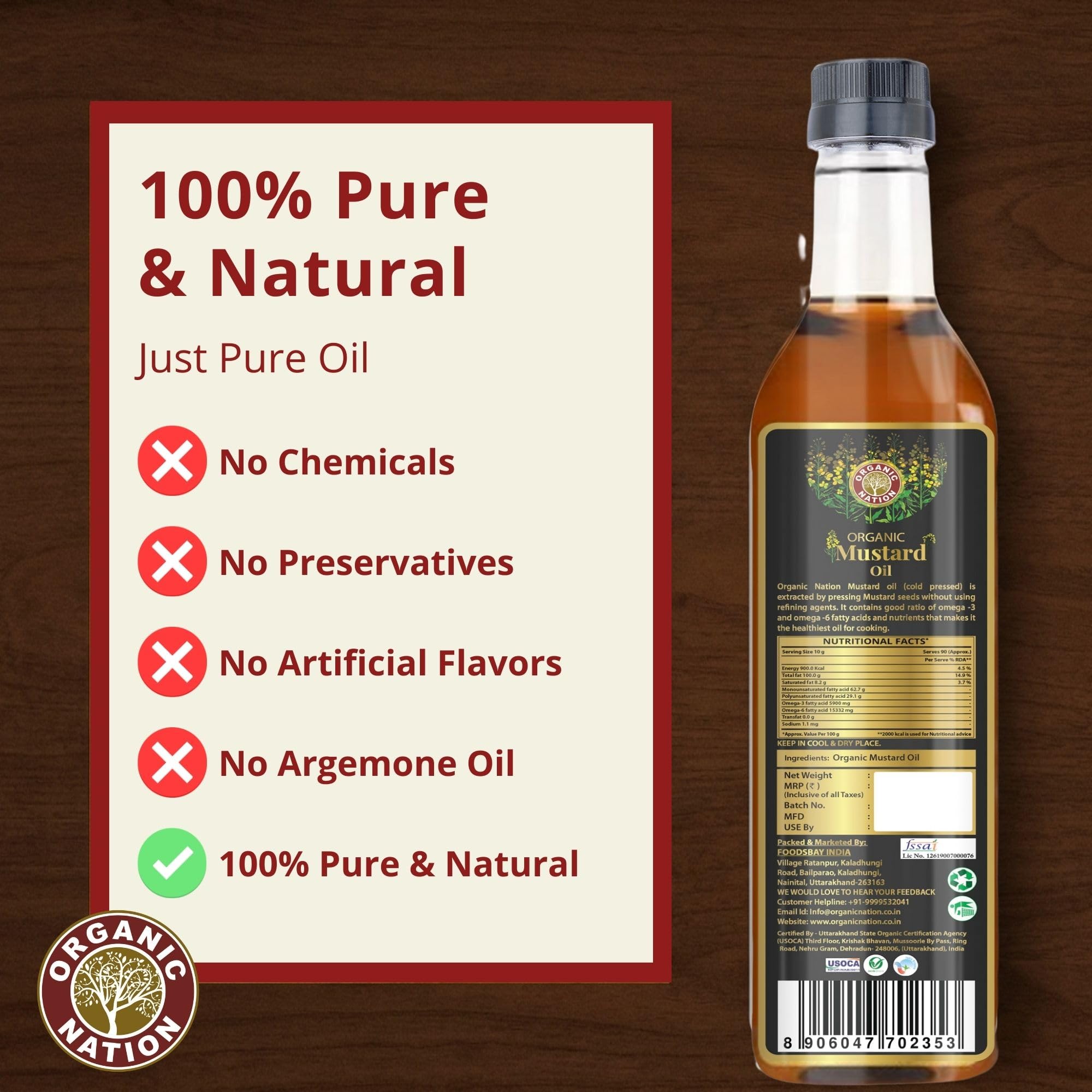 ORGANIC NATION Cold Pressed Mustard Oil - Quality Sarso Oil for Cooking and Massage - 100% Pure and Natural Mustard Oil 1 Ltr - Ideal for Healthy Cooking - Golden Yellow Color 1