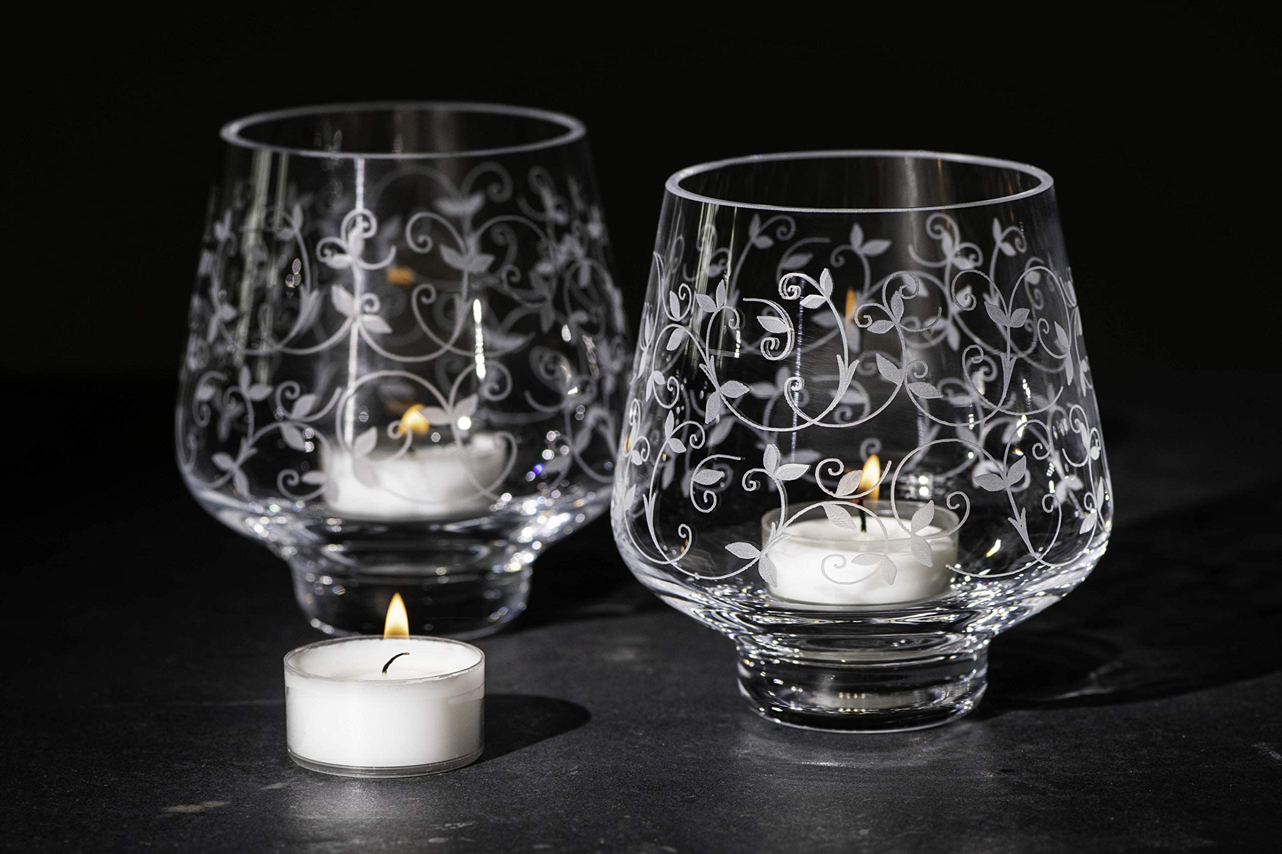 DIAMANTE Votive Tealight Candle Holders 'Floral' - Set of 2 - Hand Etched - Premium clear cup tealights Included