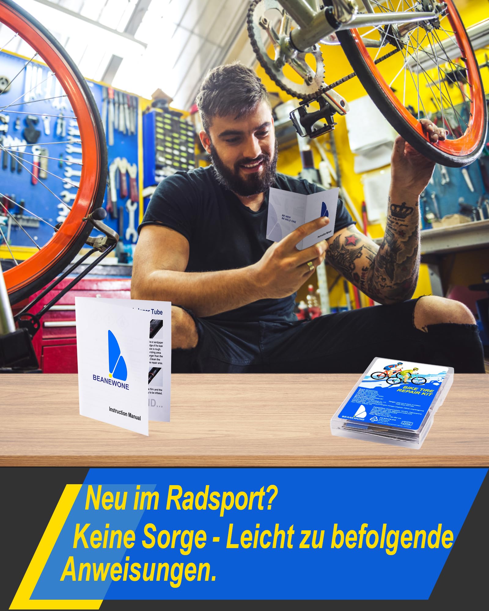 Flickzeug Fahrrad, Fahrrad Reparaturset mit 18 Fahrradflicken, 2 Gummilösungen, Reifenheber und Metallfeile - Tragbarer Aufbewahrungskoffer für Fahrrad, Motorrad und aufblasbare Schläuche