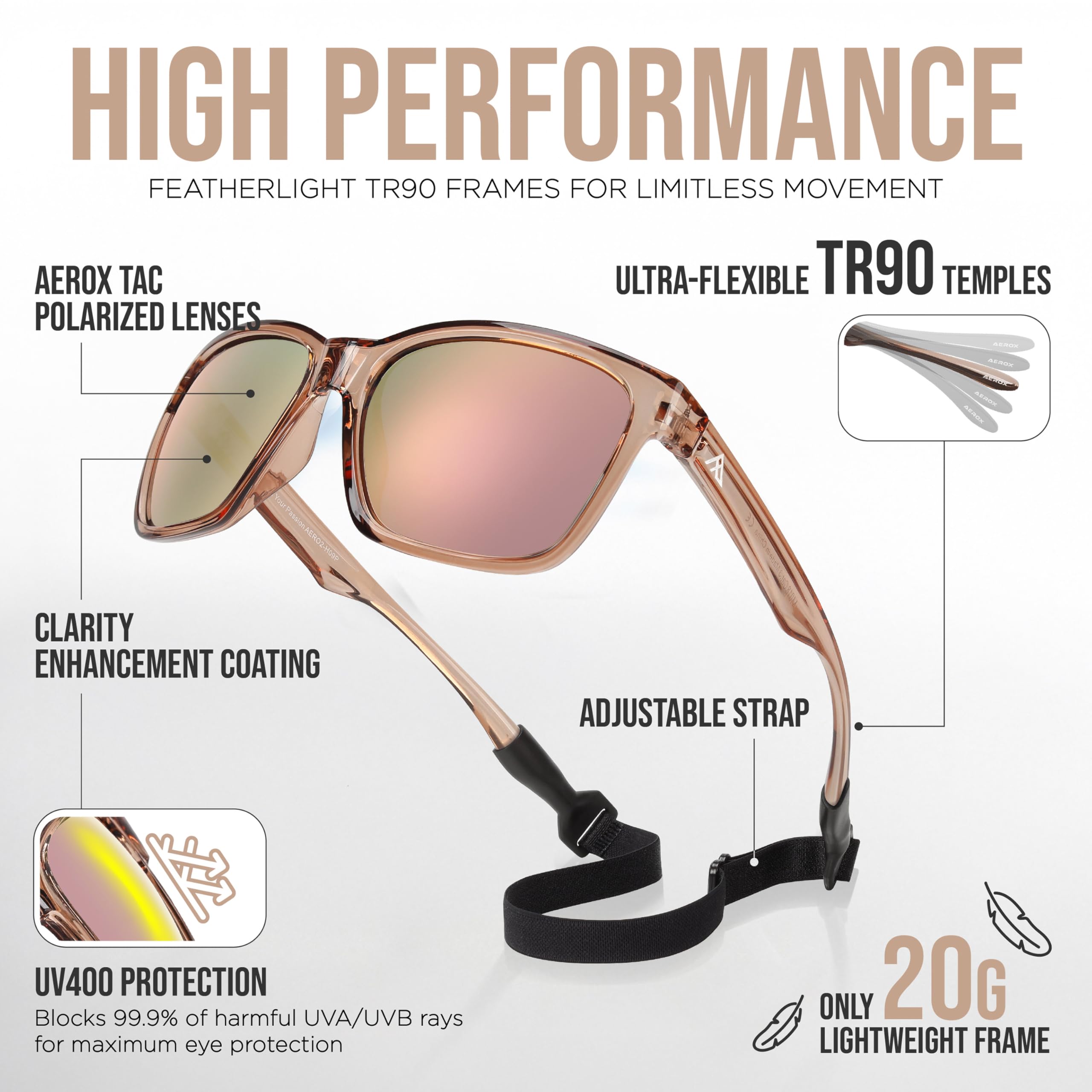 AEROX Big Fit Occhiali da sole polarizzati per corsa, ciclismo, golf, guida, occhiali sportivi, protezione UV per uomini e donne