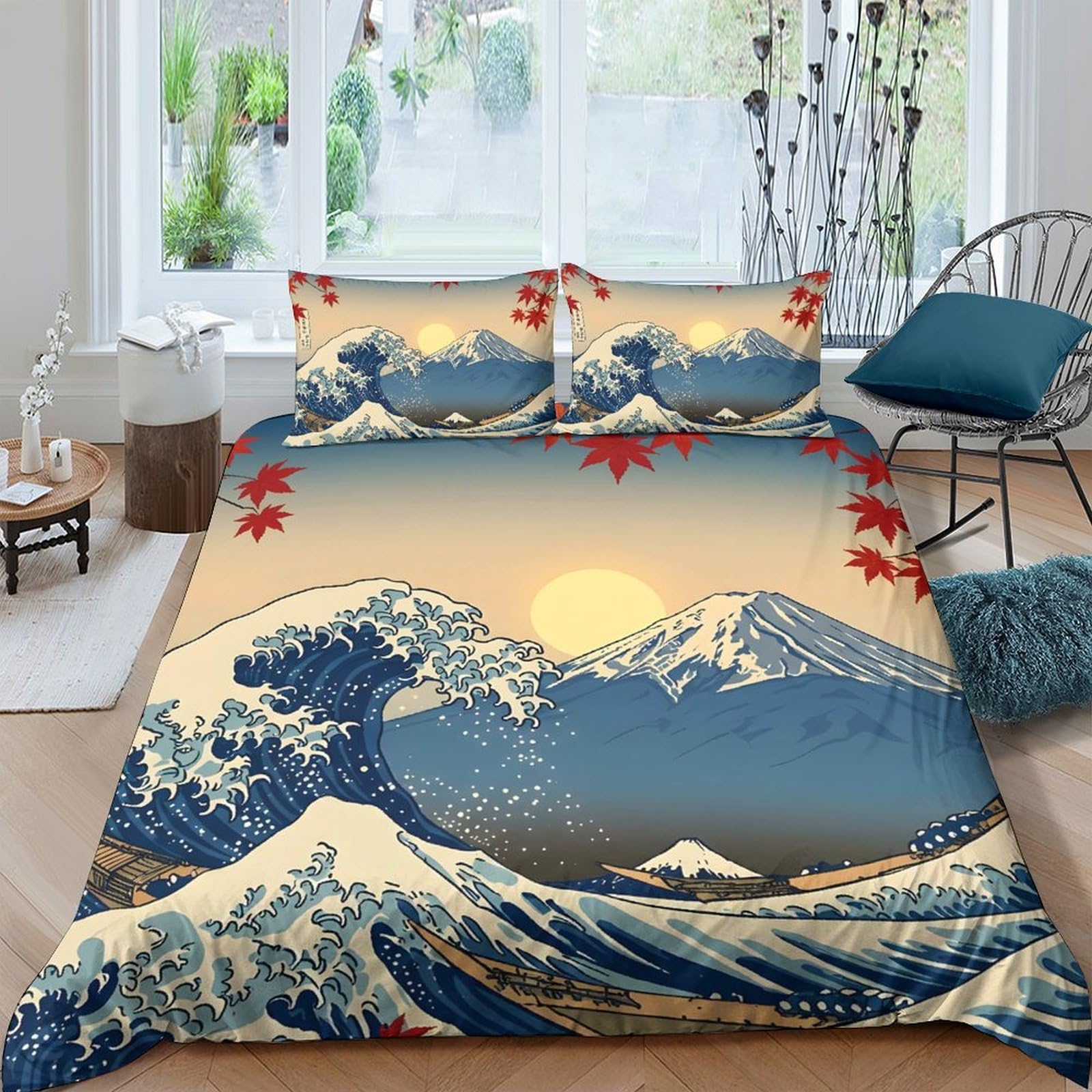 Ctjqhvkz Style-2 3D Printed Japanese Wave Sunset Fitted Sheet Microfiber Artistic Maple Bed Cover For Bedroom Dorm Home Decor Single（135X200cm）