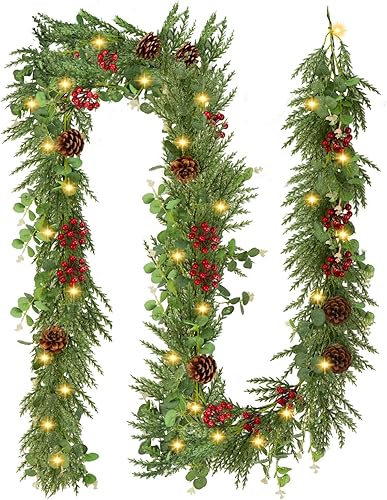 2 guirnaldas de cedro de Navidad de 6 pies, corona de pino suave realista, guirnalda de pino de cedro sintético verde artificial para chimenea,