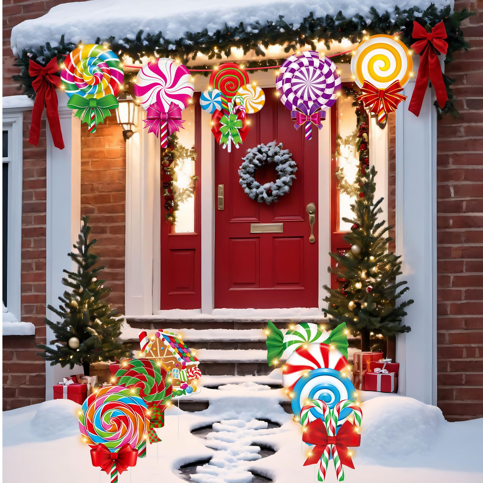 Blosssound Lot de 12 panneaux lumineux de Noël avec piquets et lumières LED - Sucettes de Noël à la menthe poivrée - Décoration d'extérieur pour Noël, vacances, extérieur, pelouse, jardin, allée