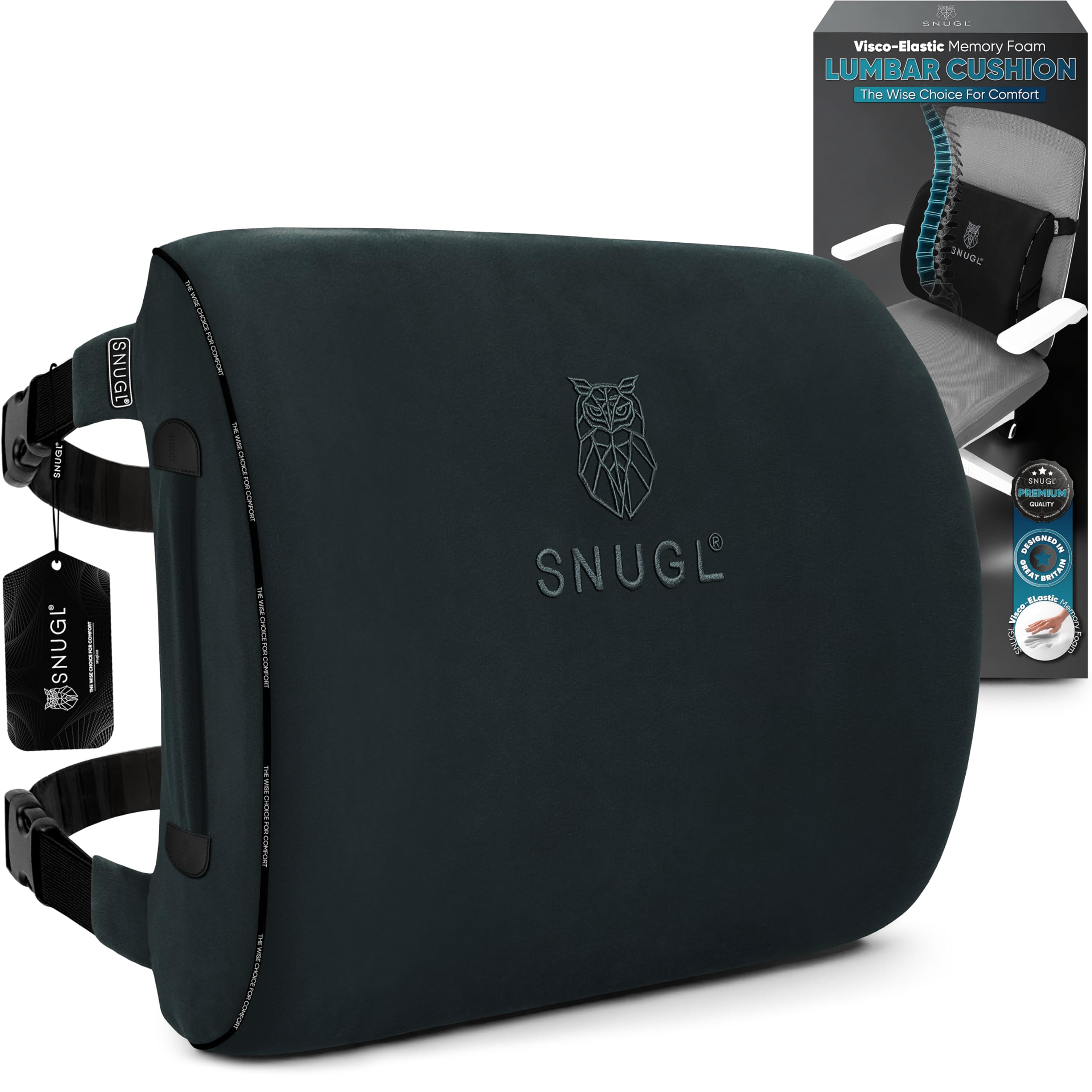 SNUGL Cuscino Lombare Supporto Schiena per Sedia da Ufficio | Cuscino Ortopedico in Memory Foam | Correttore Postura Uomo Donna | Cuscino Sedile Auto | Accessorio Ergonomico per Ufficio