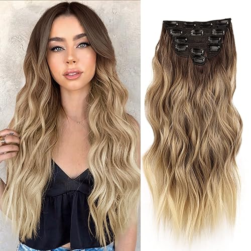 NAYOO Extensiones de cabello con clip para mujer, 20 pulgadas de largo, ondulado, rizado, color marrĂłn degradado a rubio, extensiones de cabello NAYOO Extensiones de cabello con clip para mujer, 20 pulgadas de largo, ondulado, rizado, color marrĂłn degradado a rubio, extensiones de cabello