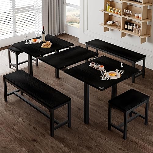 Miniatura 3 de Feonase Juego de mesa de comedor de 5 piezas para 4-8 personas, juego de mesa de cocina grande extensible de 63 pulgadas con 2 bancos y 2 taburetes
