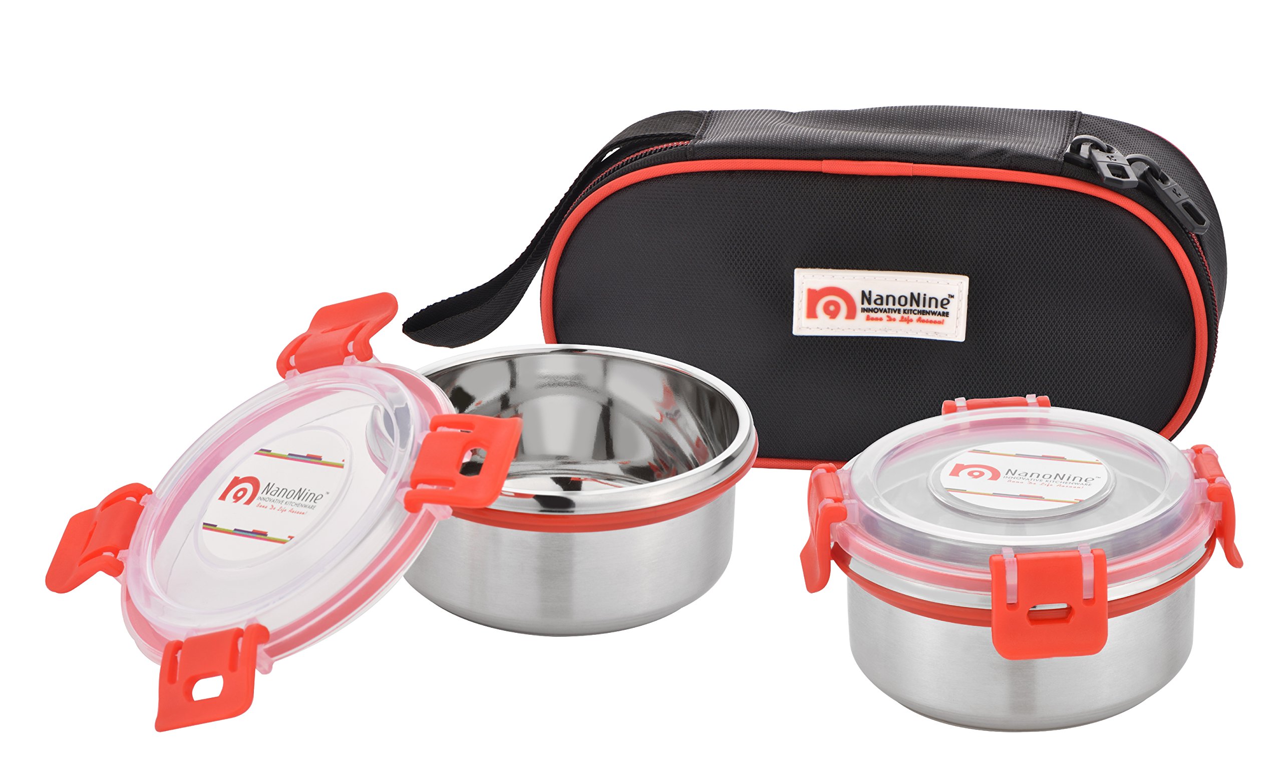 NanoNine Clip-Lock Stainless Steel Leak Proof Container Set with Bag, 300 ml, Set of 2, Red