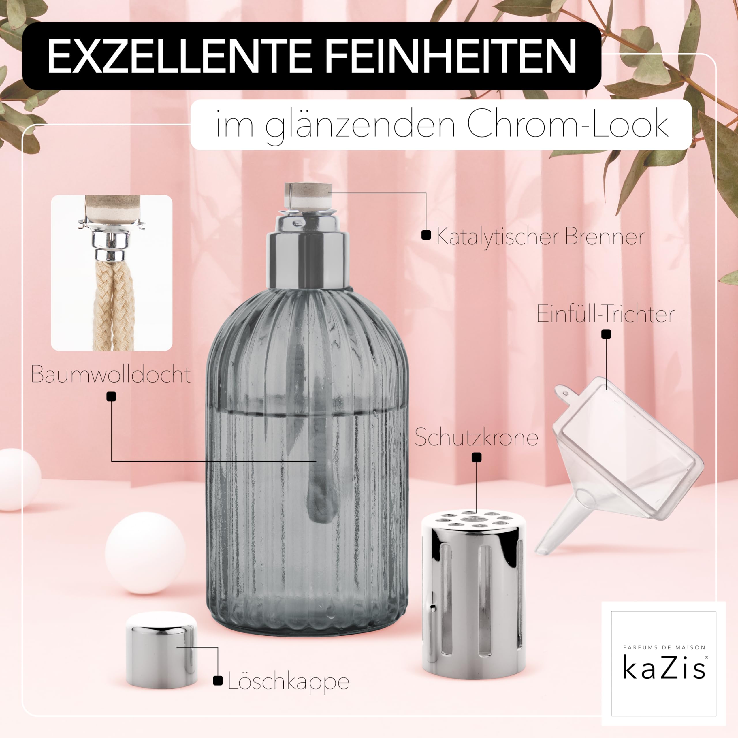 KAZIS® I lampada catalitica profumata I vetro I XXL I 400 ml (grigio)