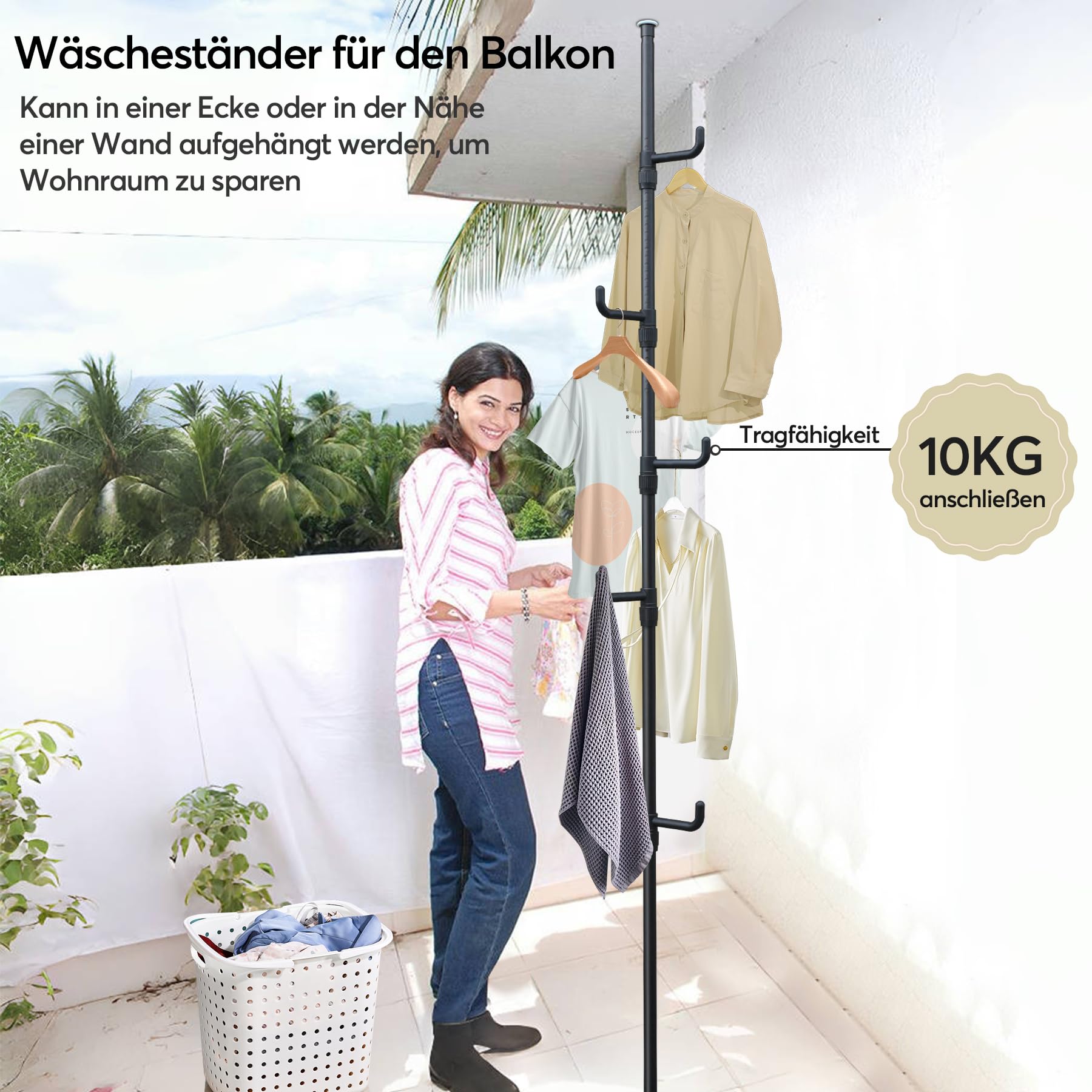Teleskop kleiderständer mit 5 Haken, Schwarz Garderobenständer Ausziehbar 110-310cm, Kleiderstange Decke Ohne Bohren für Flur Schlafzimmer Wohnzimmer Büro Kleidung Hüte Taschen