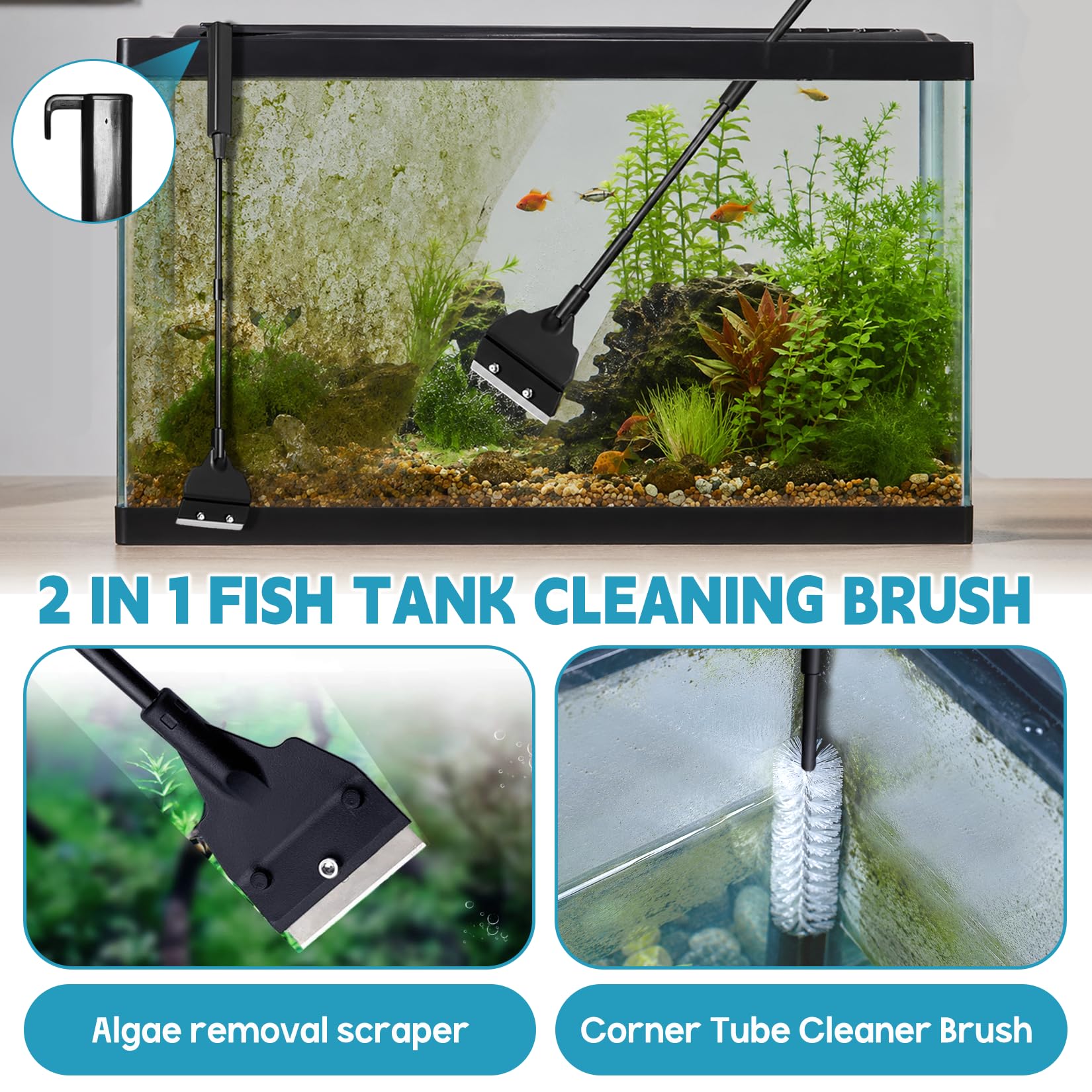 Herbst Aquarium Reiniger, 3.2m Mulmsauger Aquarium Set mit 2 in 1 Algenschaber für Fischwasserglas & Wasserwechsel Teichsauger mit Einstellbare Durchflussregelung Wasserwechsel Pumpe Sicher für Fische