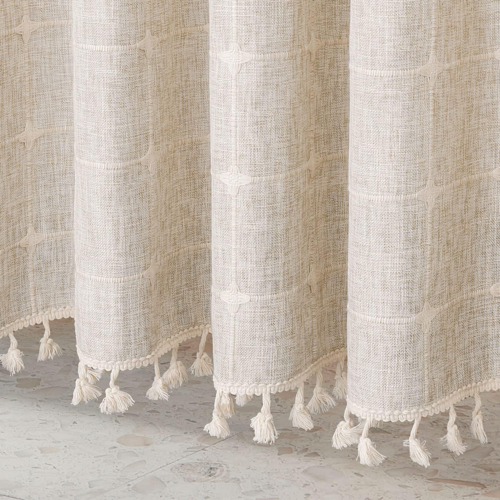 KIZAMI Rideau de Douche à Pompons 457 × 183 cm, Rideau de Douche de Style bohème, Rideau de Douche en Polyester, Rideau de Douche à Carreaux Jacquard imperméable pour la décoration de séparation