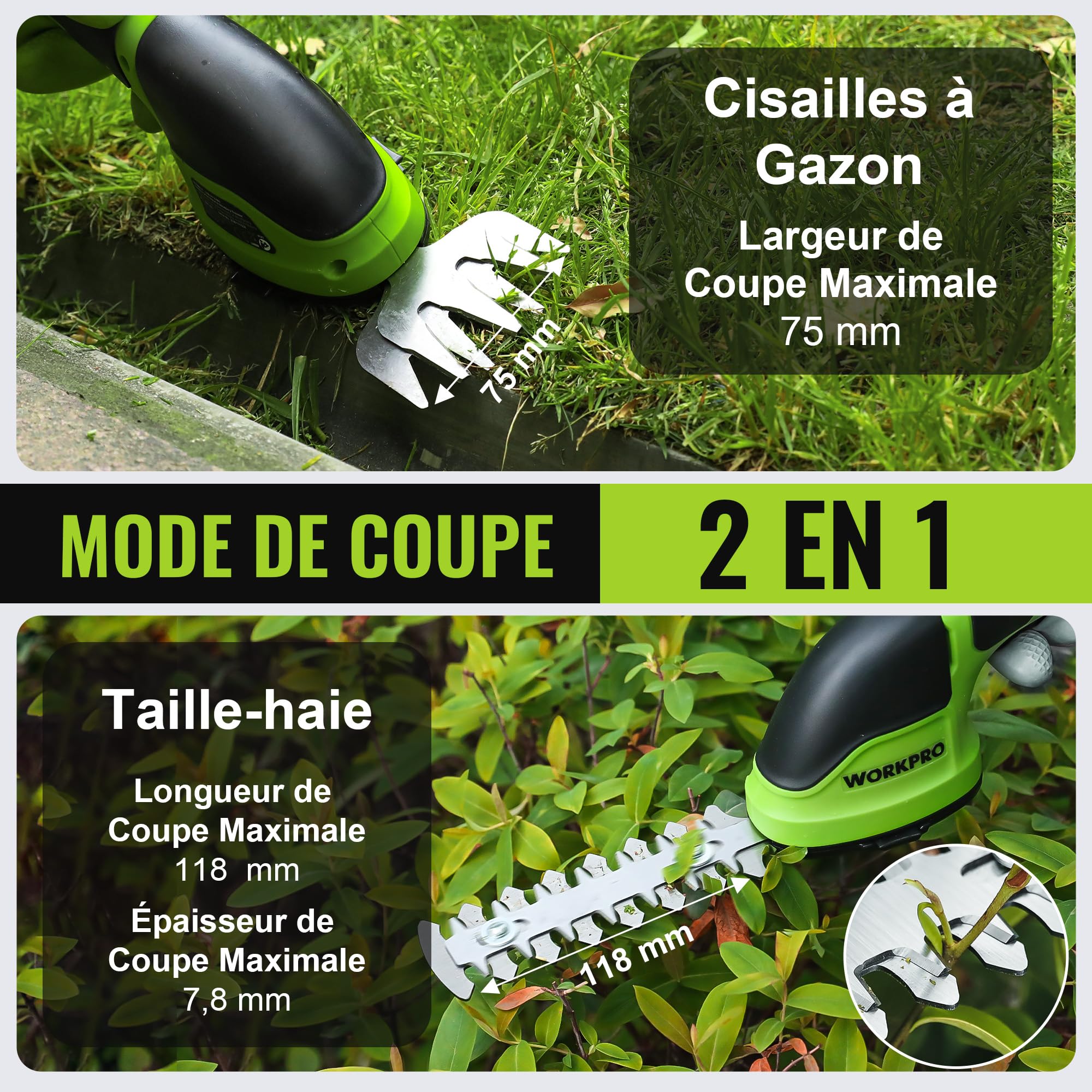 WORKPRO Cisaille Sculpte-Haie et Taille-Herbes sans Fil 3,6V