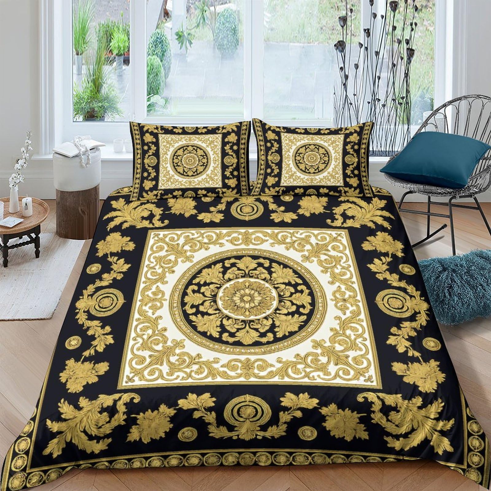 Ctjqhvkz Style-1 3D Printed Baroque Black Gold Fitted Sheet Microfiber Soft Decorative Mandala Mattress Cover For Bedroom Guest Room Single（135X200cm）