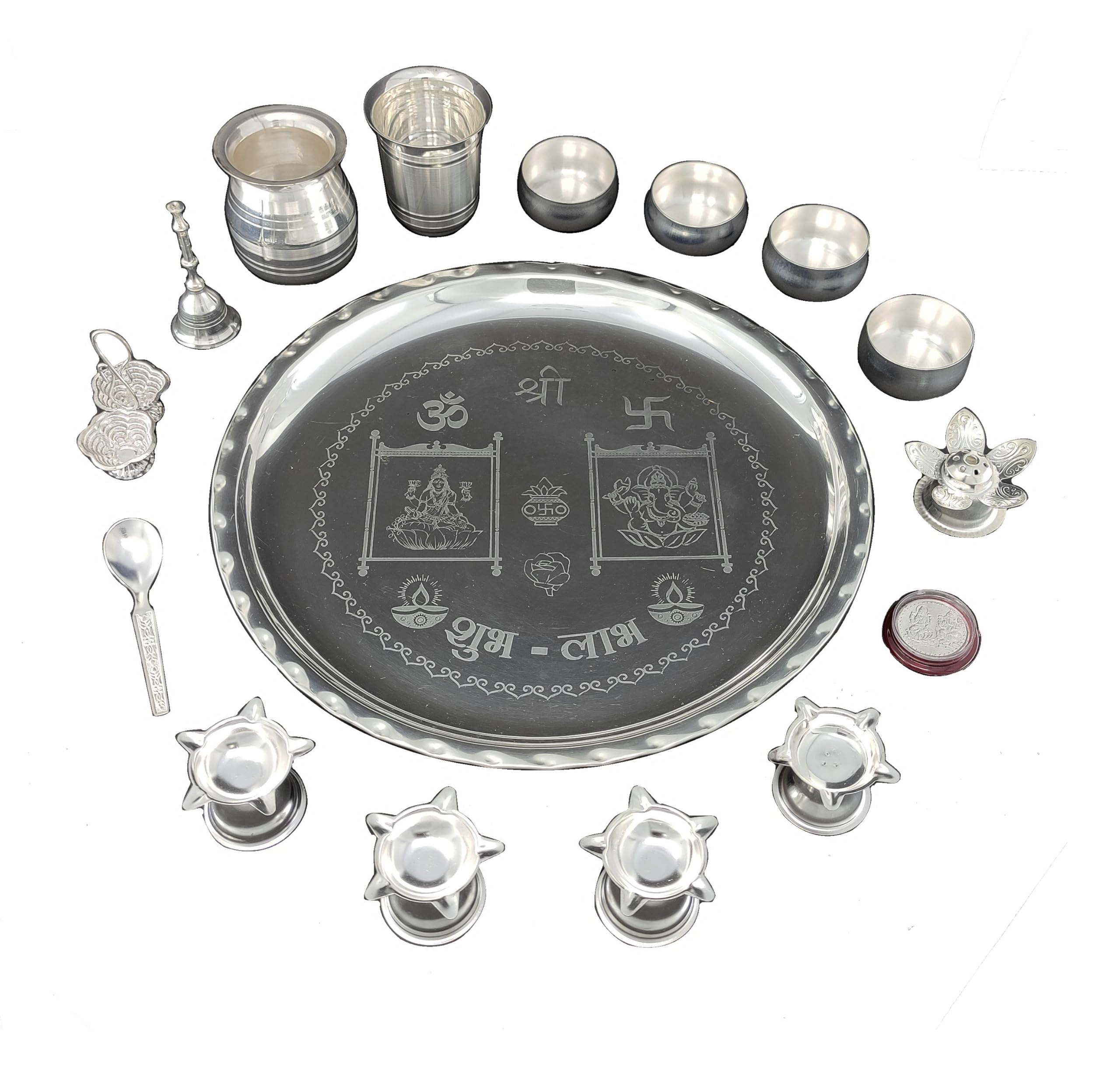 NOBILITY Pooja Thali Set 12 Inch Silver Plated Puja Thali for Diwali Decoration Gift Items Festival Ethnic Puja Thali for Temple Office Home Wedding Return Gifts