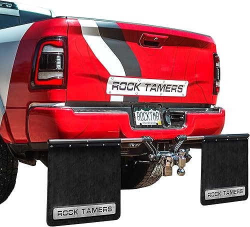Rock Tamers Mudflap System 00110 Hub de 2.5 pulgadas con placas de moldura de acero inoxidable negro mate y protector térmico RT231, acero